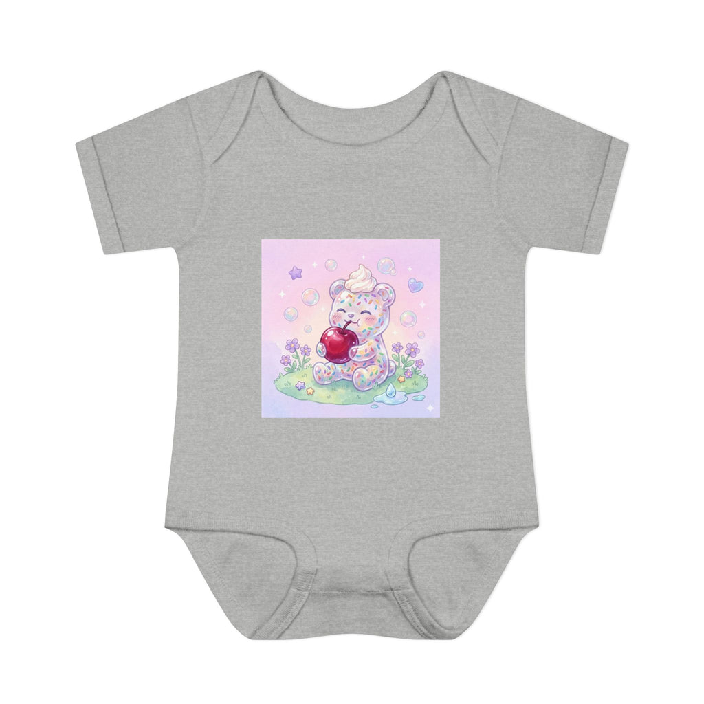 Gooey Gummy Birthday Sprinkles Cake bear eating a Cherry- Infant Onesie