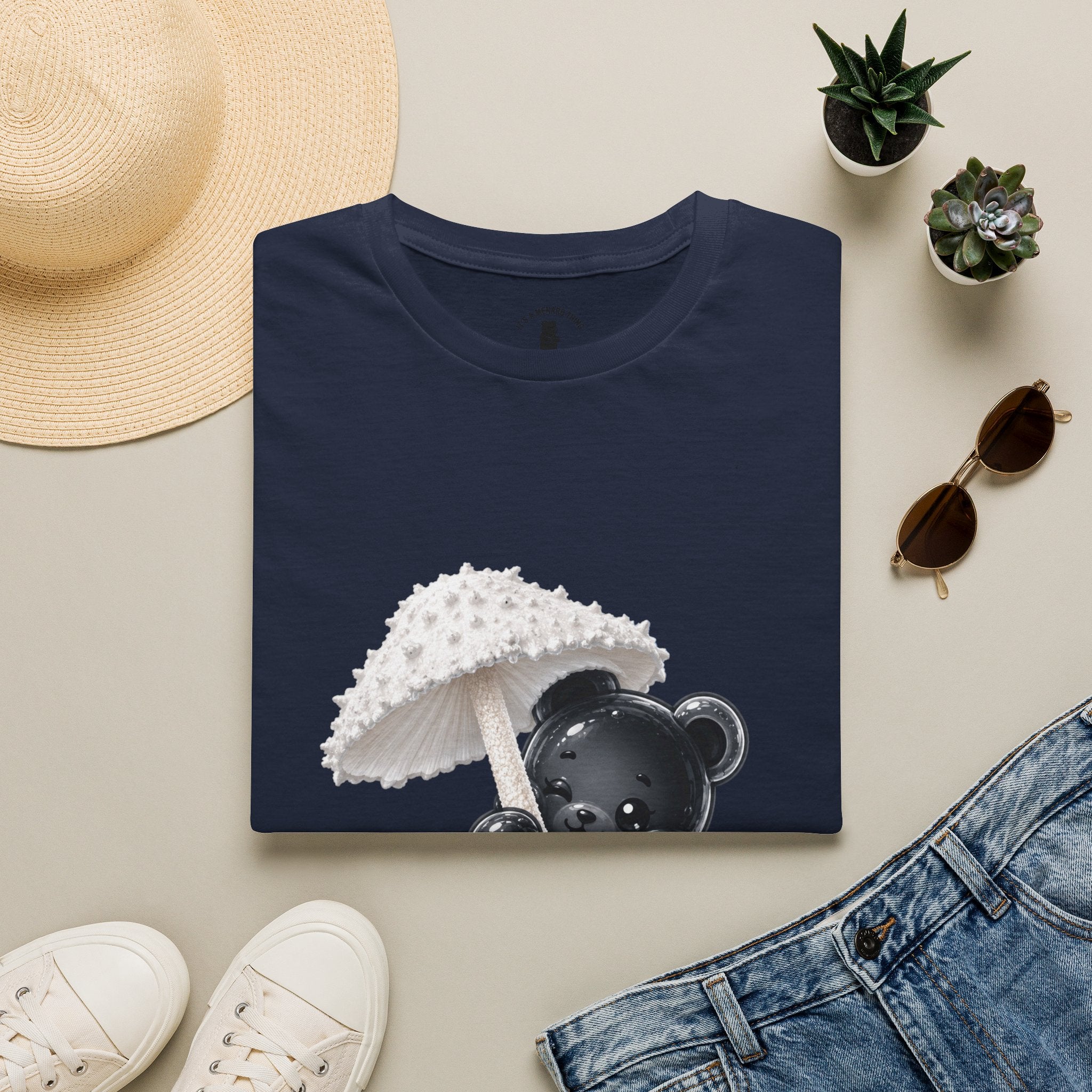 Beautiful Veiled White Mushroom, Black Oozy Bear Gummy Friend- Graphic Shirt