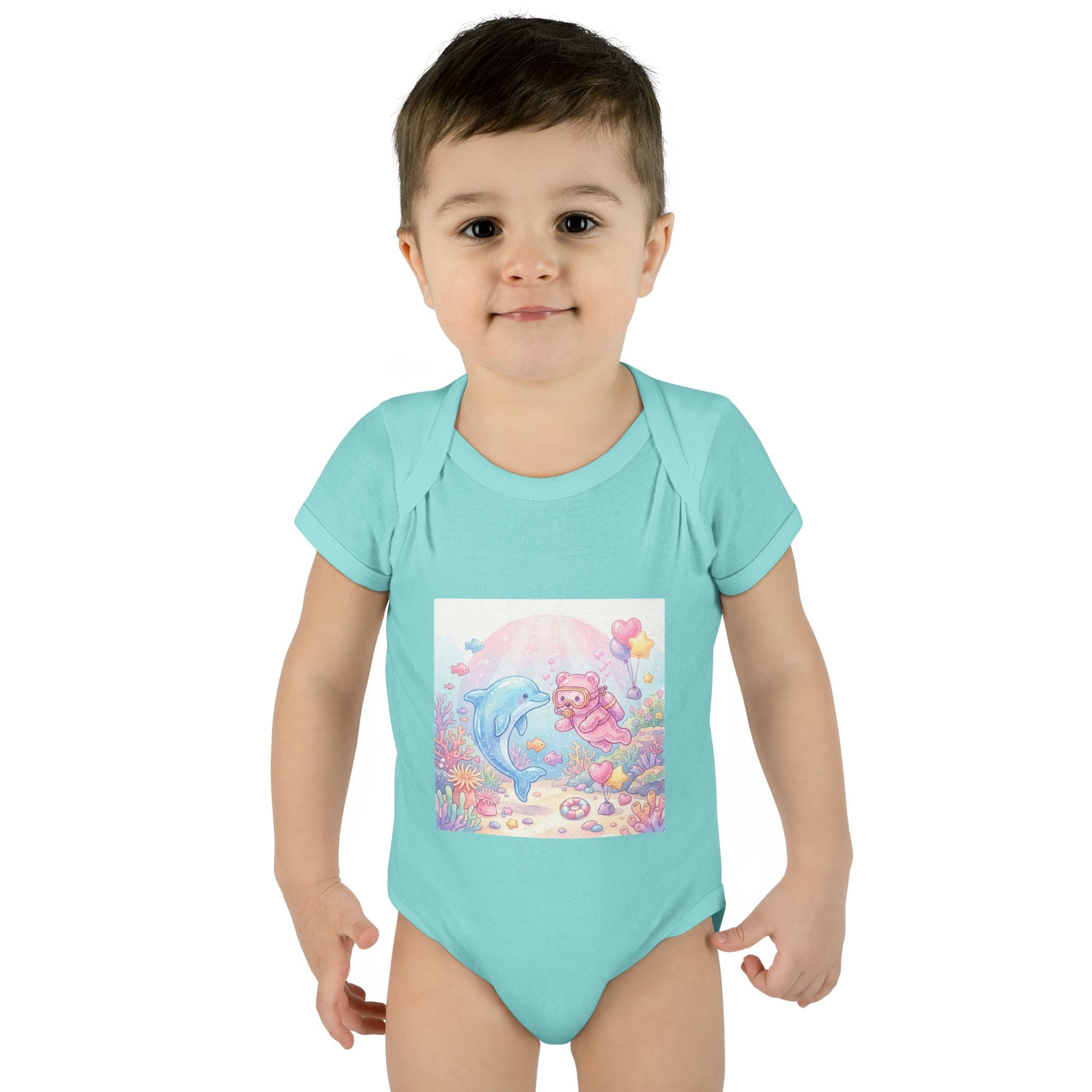 Infant Bodysuit — Pastel Dolphin & Pink Gummy Bear Underwater Baby Onesie