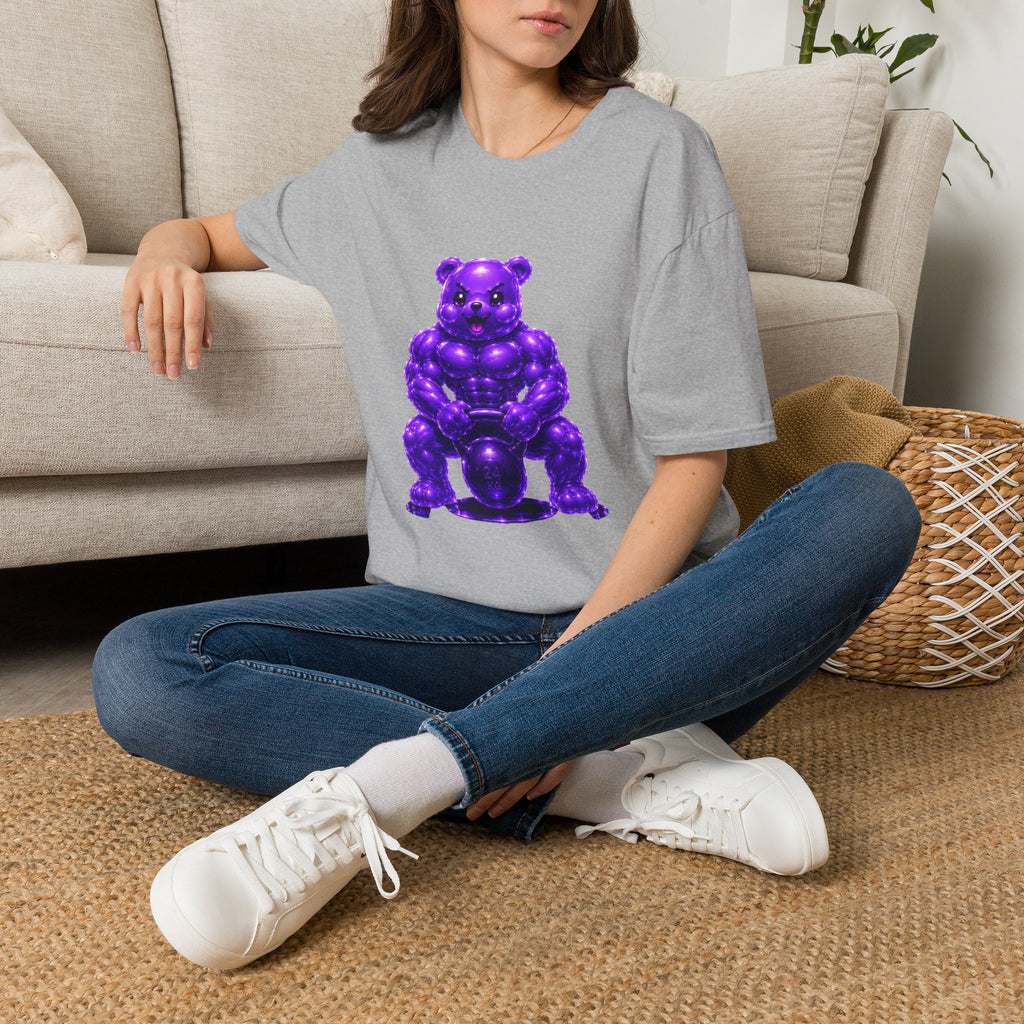 Brawny Violet Oozy Buff Bear with Kettleball Weight- Adult Graphic Shirt (18+)