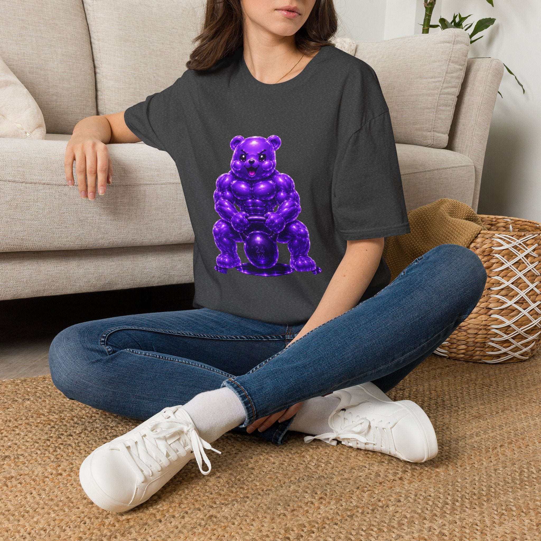 Brawny Violet Oozy Buff Bear with Kettleball Weight- Adult Graphic Shirt (18+)