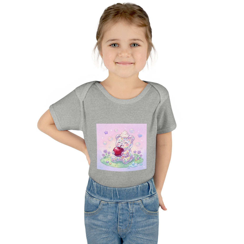 Gooey Gummy Birthday Sprinkles Cake bear eating a Cherry- Infant Onesie