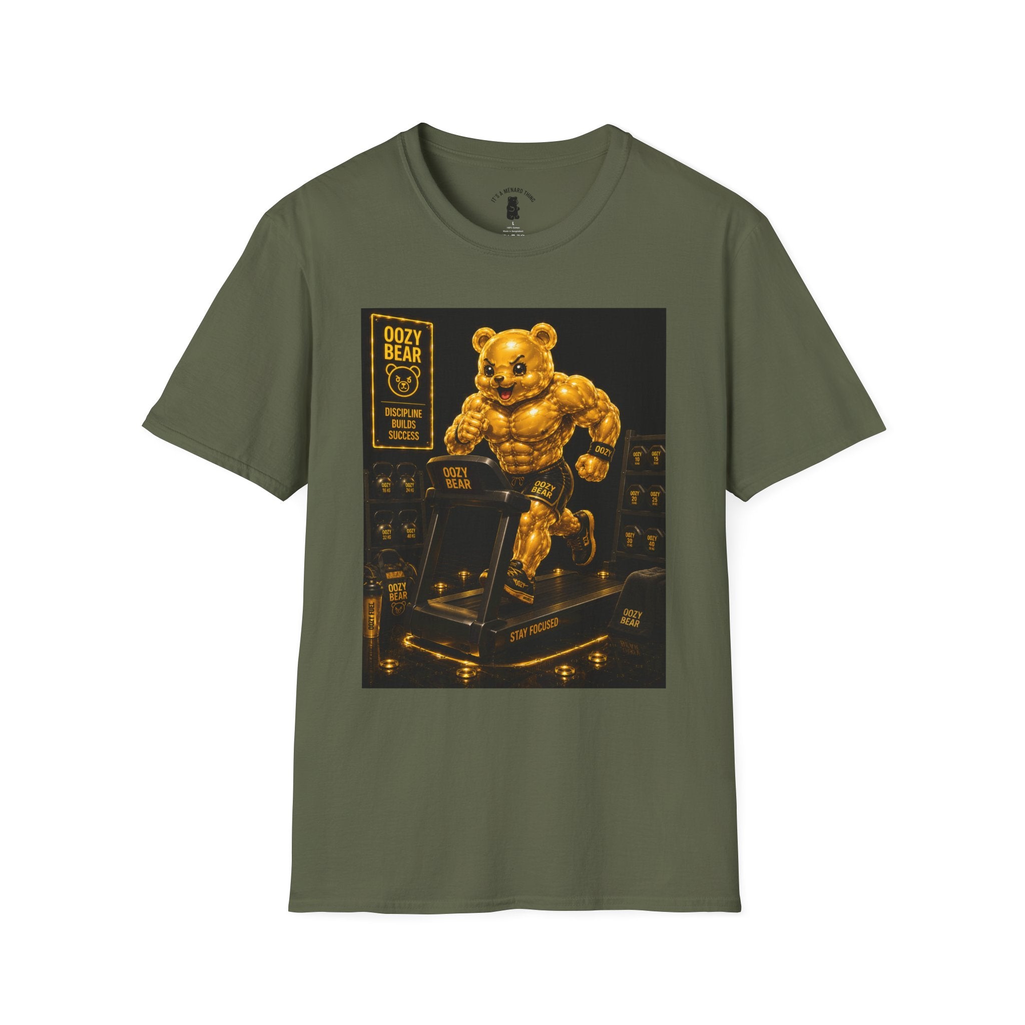 Running The Treadmill, Golden Yellow Oozy Buff Bear Workout- Adult Graphic Shirt