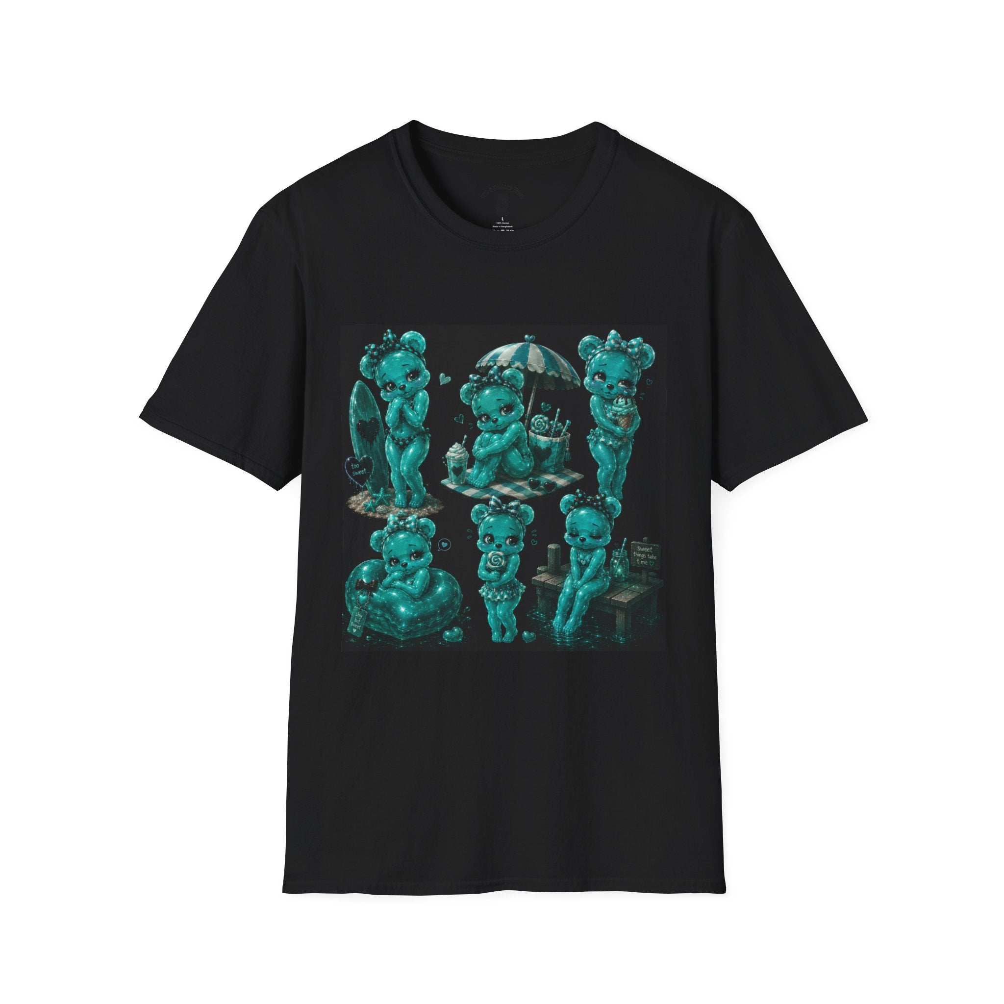 Kawaii Shy Teal Beach Babe Oozy Bear Gummy Pin Up- Adult Graphic Shirt (18+)