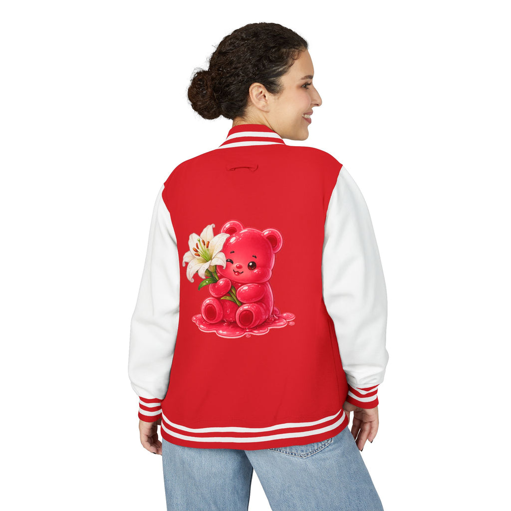 White Lilies, Red Gooey Gummy Friend — Kawaii Graphic Varsity Jacket
