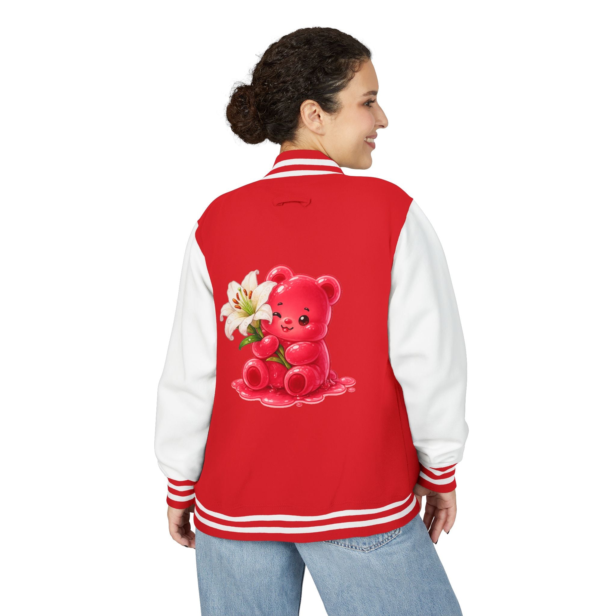 White Lilies, Red Gooey Gummy Friend — Kawaii Graphic Varsity Jacket