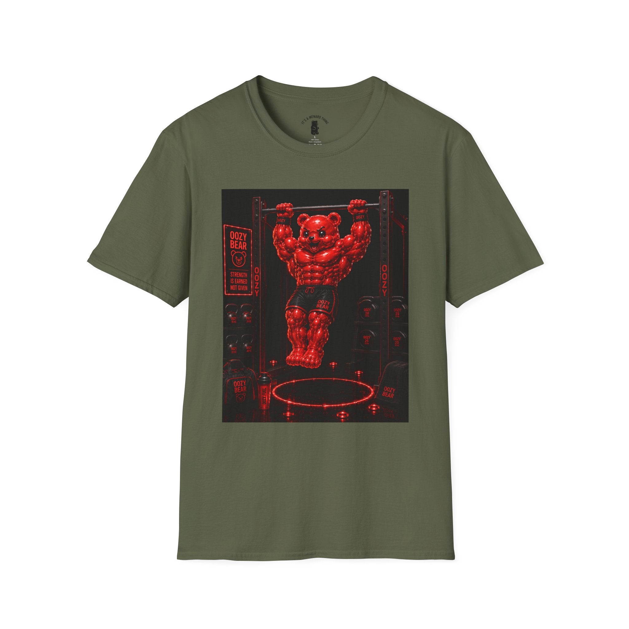 Bar Lifting Fitness Workout, Crimson Oozy Buff Bear Gummy Gym Addition- Adult Graphic Shirt