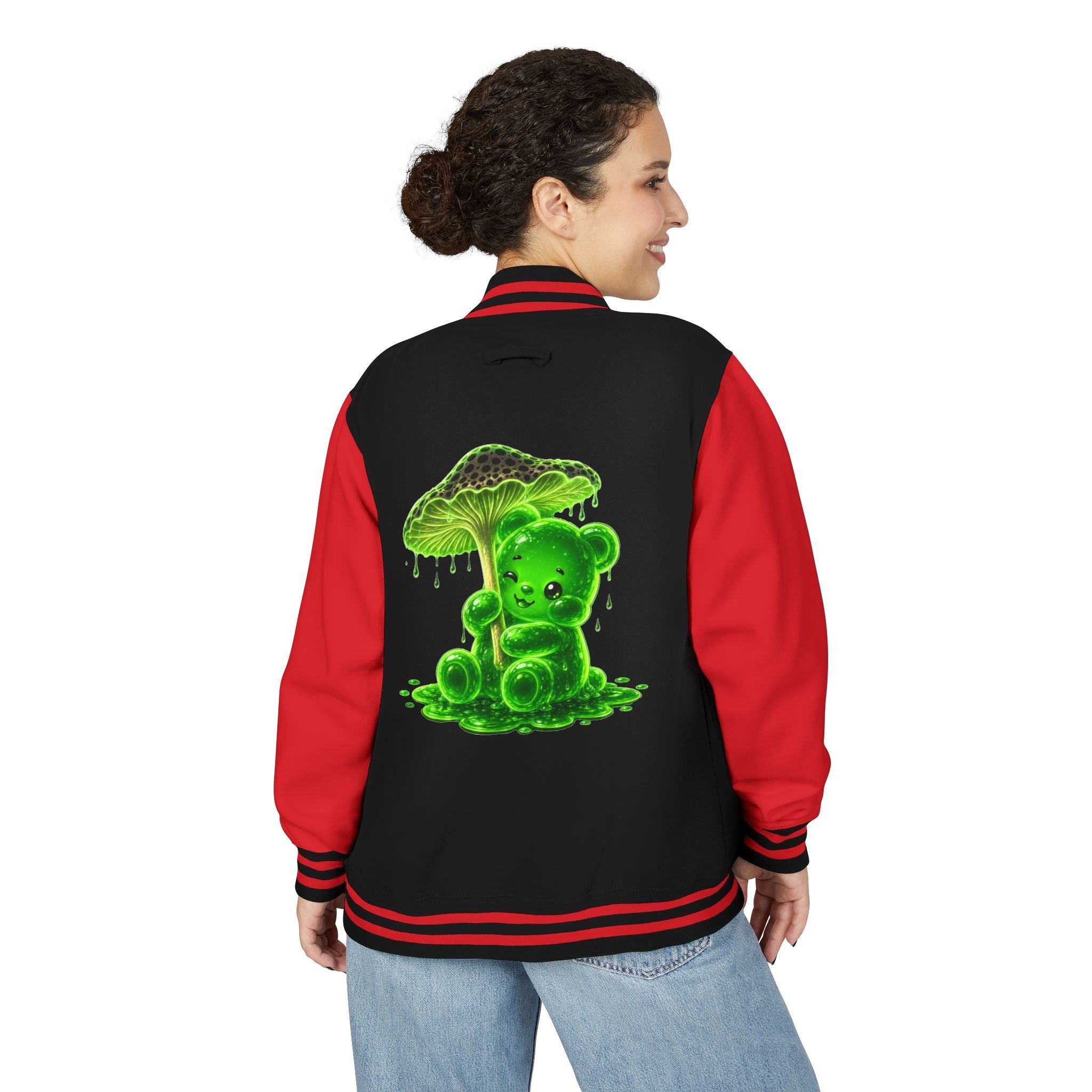 Glowing Green Mushroom, Gooey Gummy Bear Friend — Kawaii Graphic Varsity Jacket