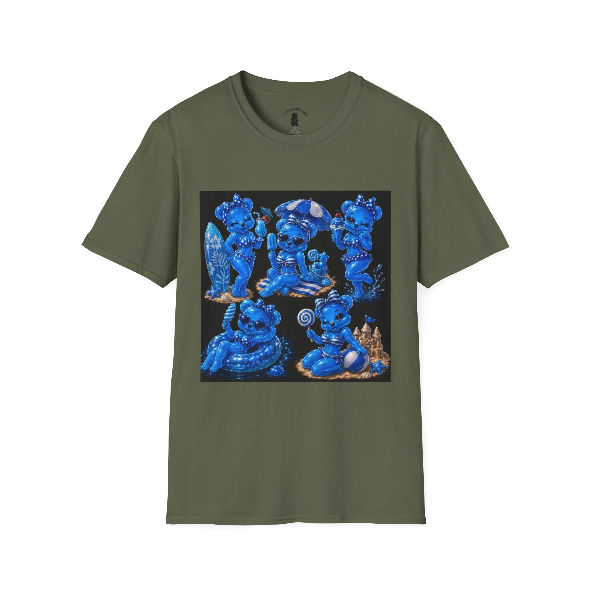 Retro Kawaii Blue Oozy Bear Pin Up Beach Babe- Adult Graphic Shirt (18+)