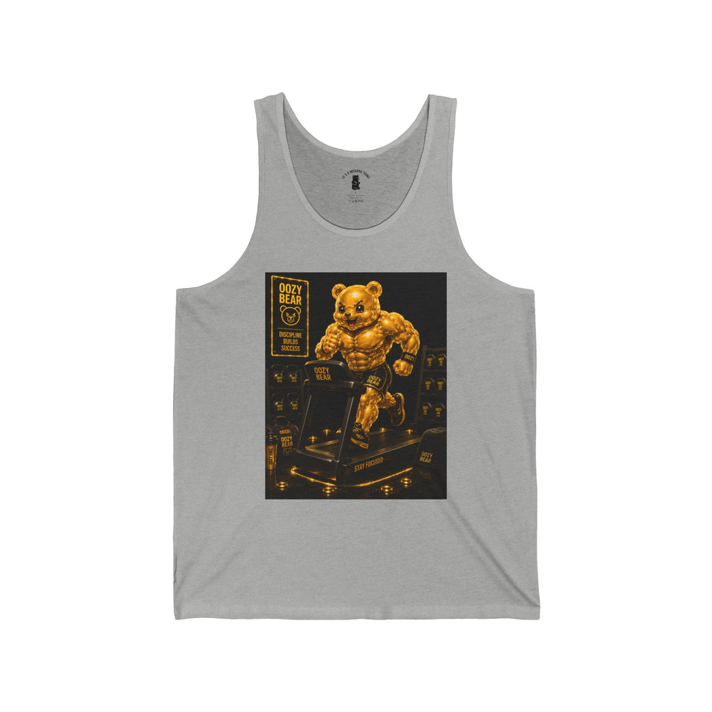 Running On Treadmill, Working Out Golden Yellow Oozy Buff Bear Gummy Gym Addition- Adult Graphic Tank Top