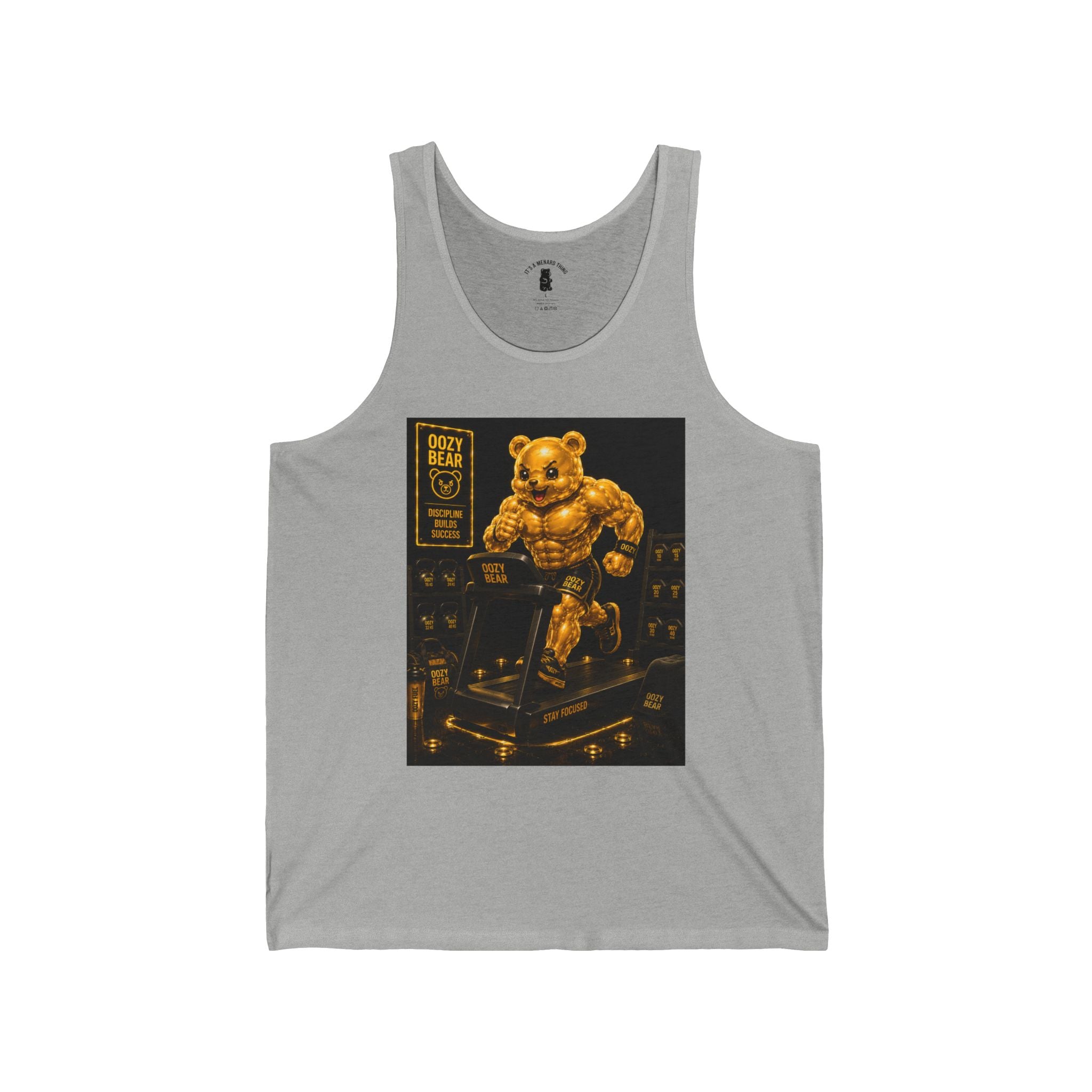 Running On Treadmill, Working Out Golden Yellow Oozy Buff Bear Gummy Gym Addition- Adult Graphic Tank Top