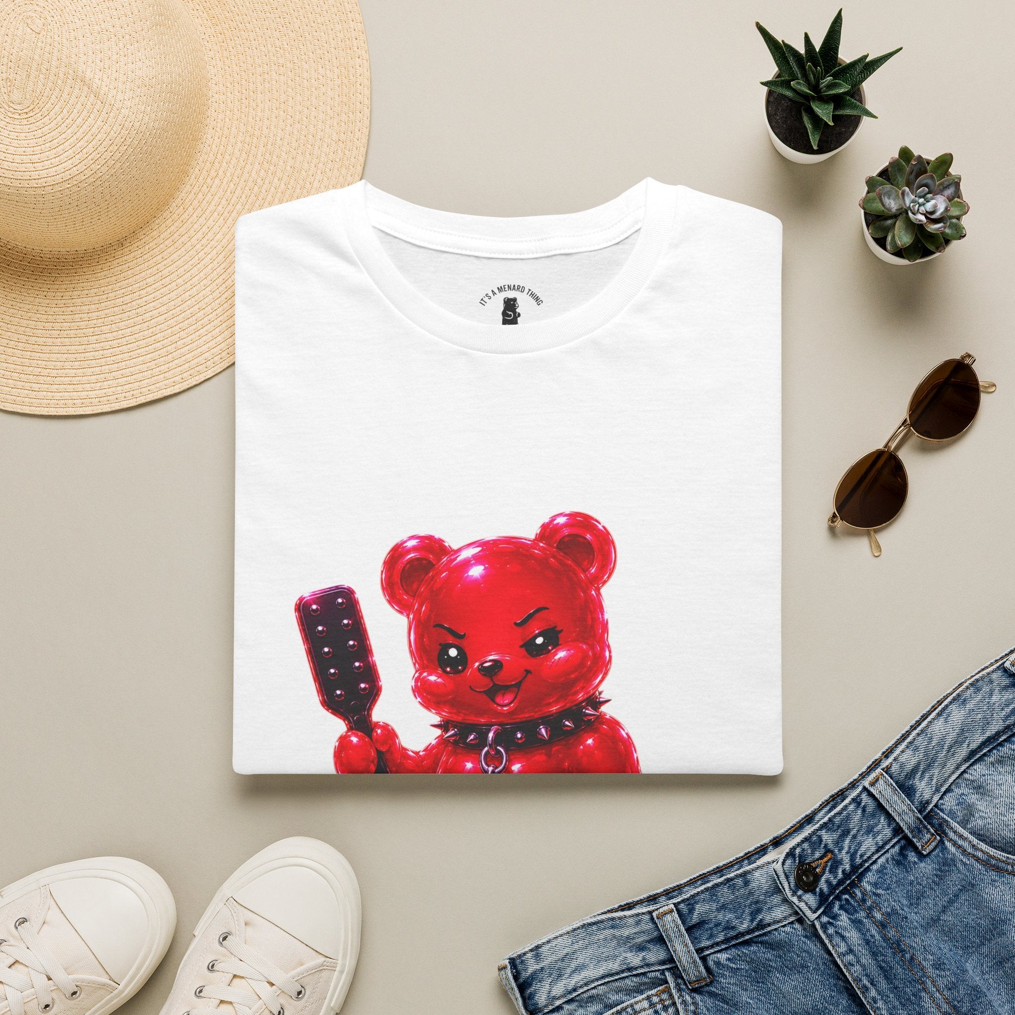 Crimson Red Oozy Bear Gummy Freak with Spank Paddle- Graphic Shirt (Adult Only!)
