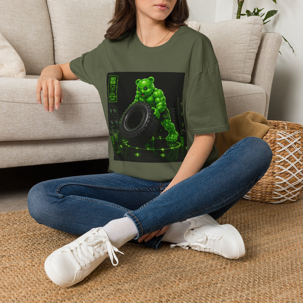 Tire Flipping Work Out, Emerald Oozy Buff Bear Gym Addition- Adult Graphic Shirt