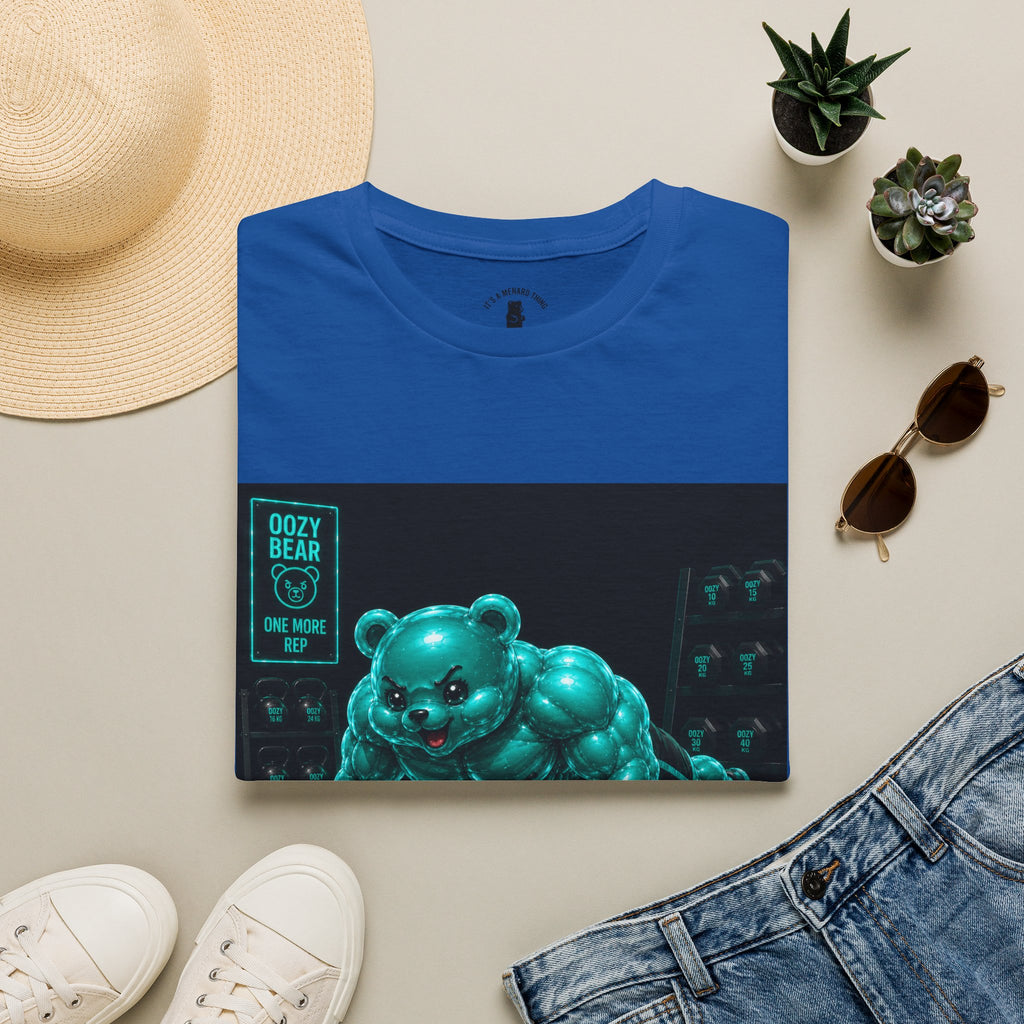 Neon Fitness Push Ups, Teal Oozy Buff Bear Gummy Gym Addition- Adult Graphic Shirt