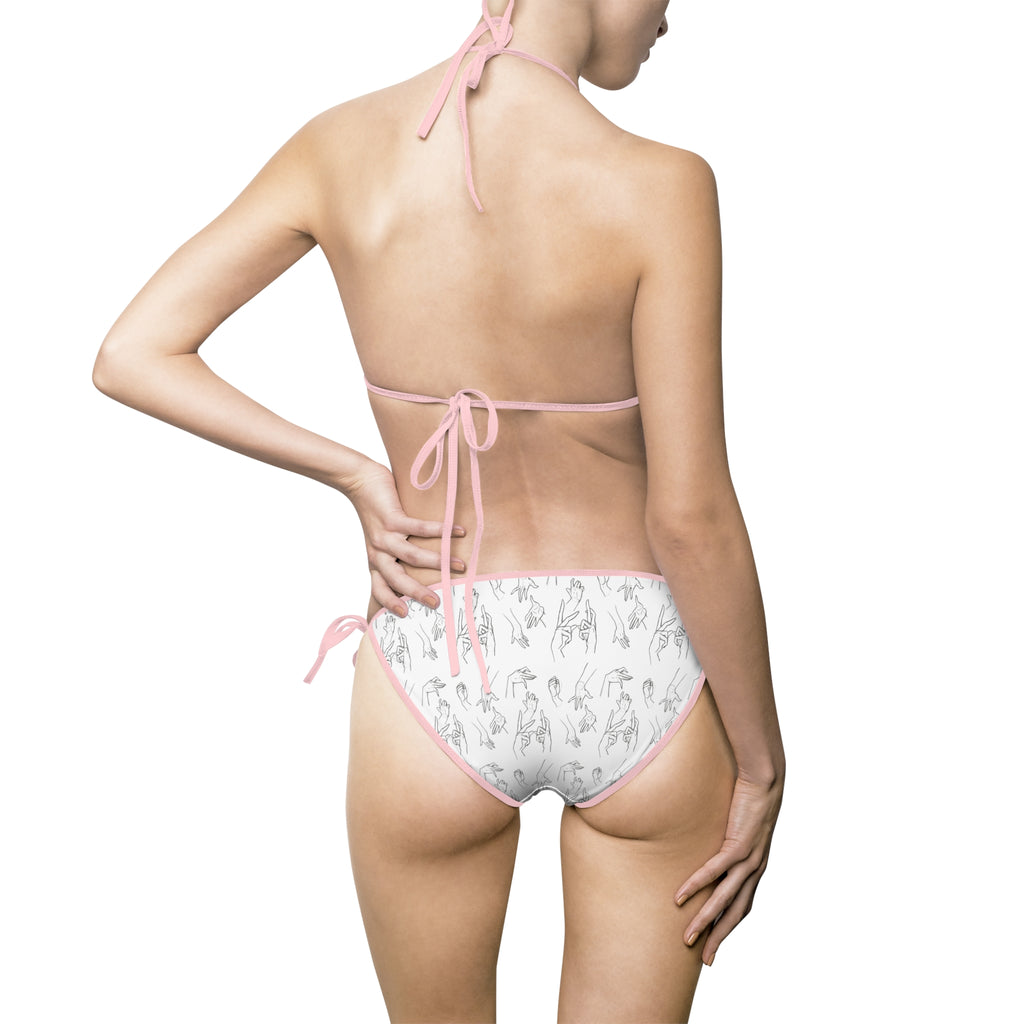 Red-Trim White Bikini with Subtle Floral Print — Women's Tie-Side Swimsuit