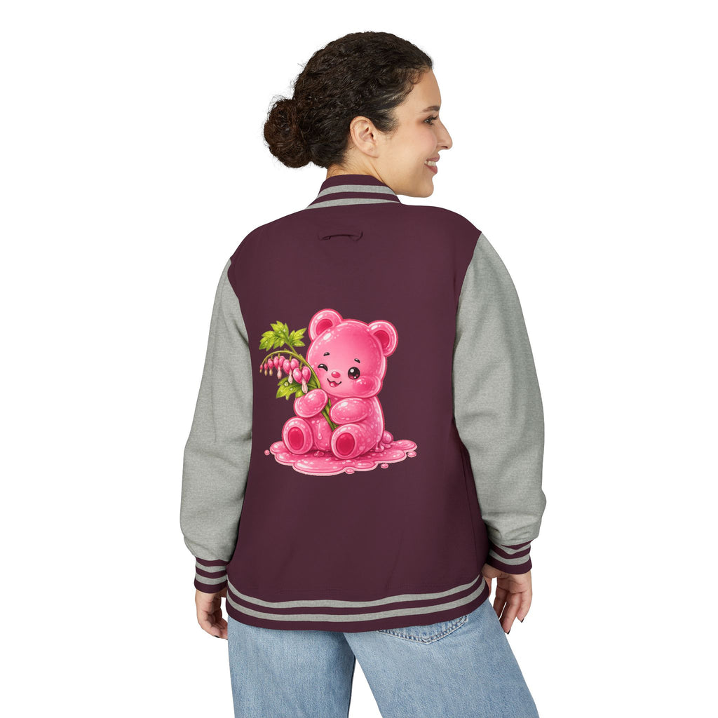 Bleeding Hearts, Pink Gooey Gummy Bear Friend  — Retro Varsity Coat