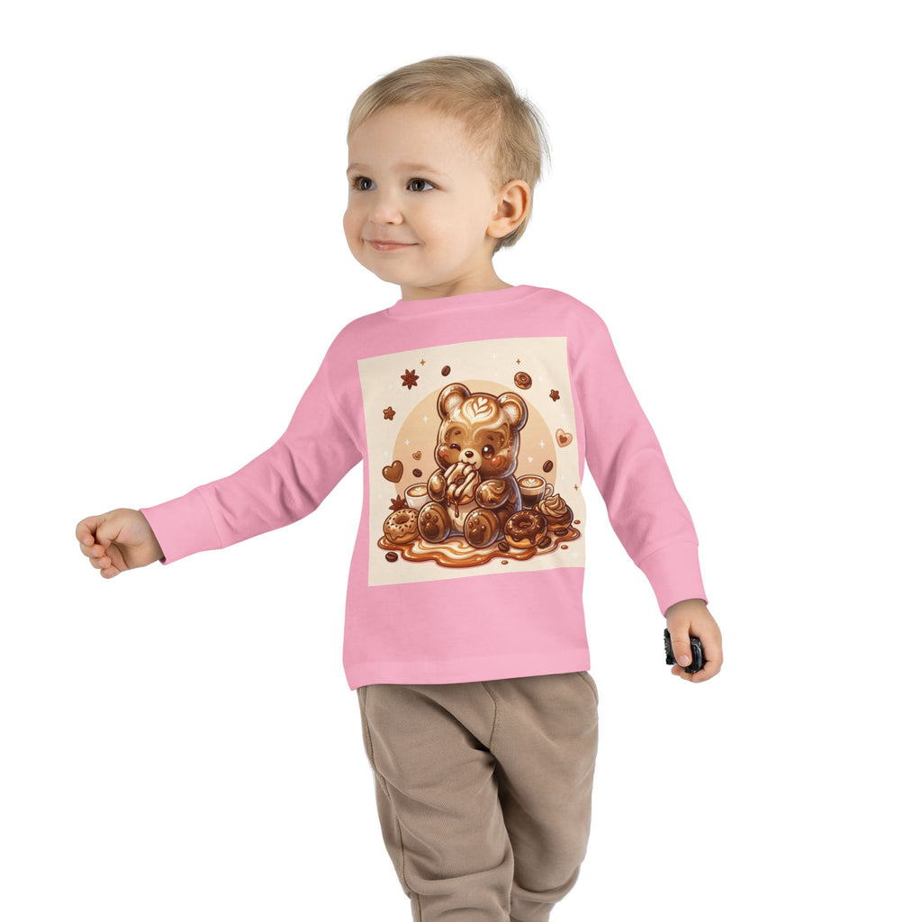 Coffee & Donuts with Chocolate, Oozy Bear Gummy Girls— Kids Illustrated Long Sleeve Shirt