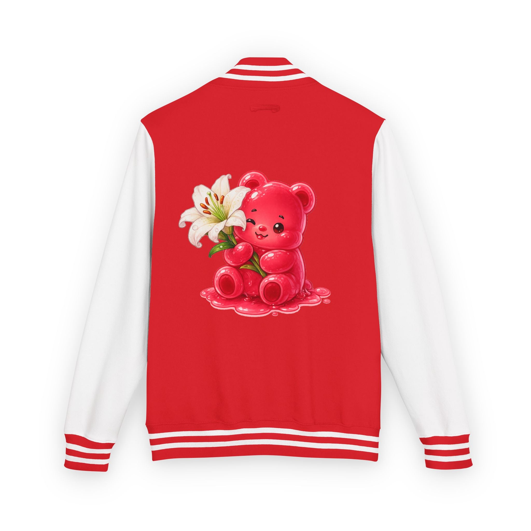 White Lilies, Red Gooey Gummy Friend — Kawaii Graphic Varsity Jacket