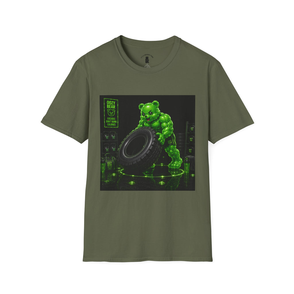 Tire Flipping Work Out, Emerald Oozy Buff Bear Gym Addition- Adult Graphic Shirt