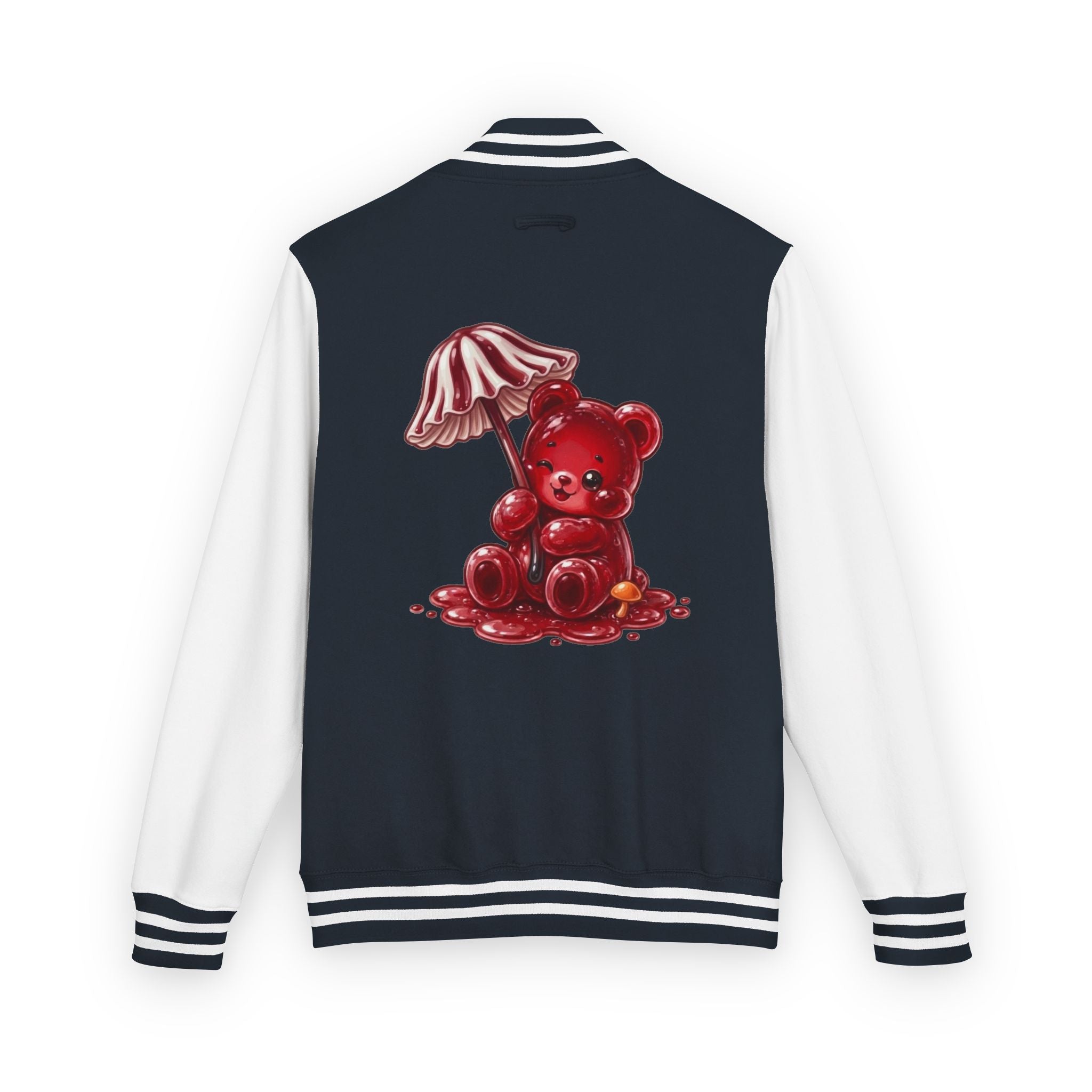 Red Stripped Mushroom Umbrella, Oozy Bear Gummy- Letterman Graphic Jacket