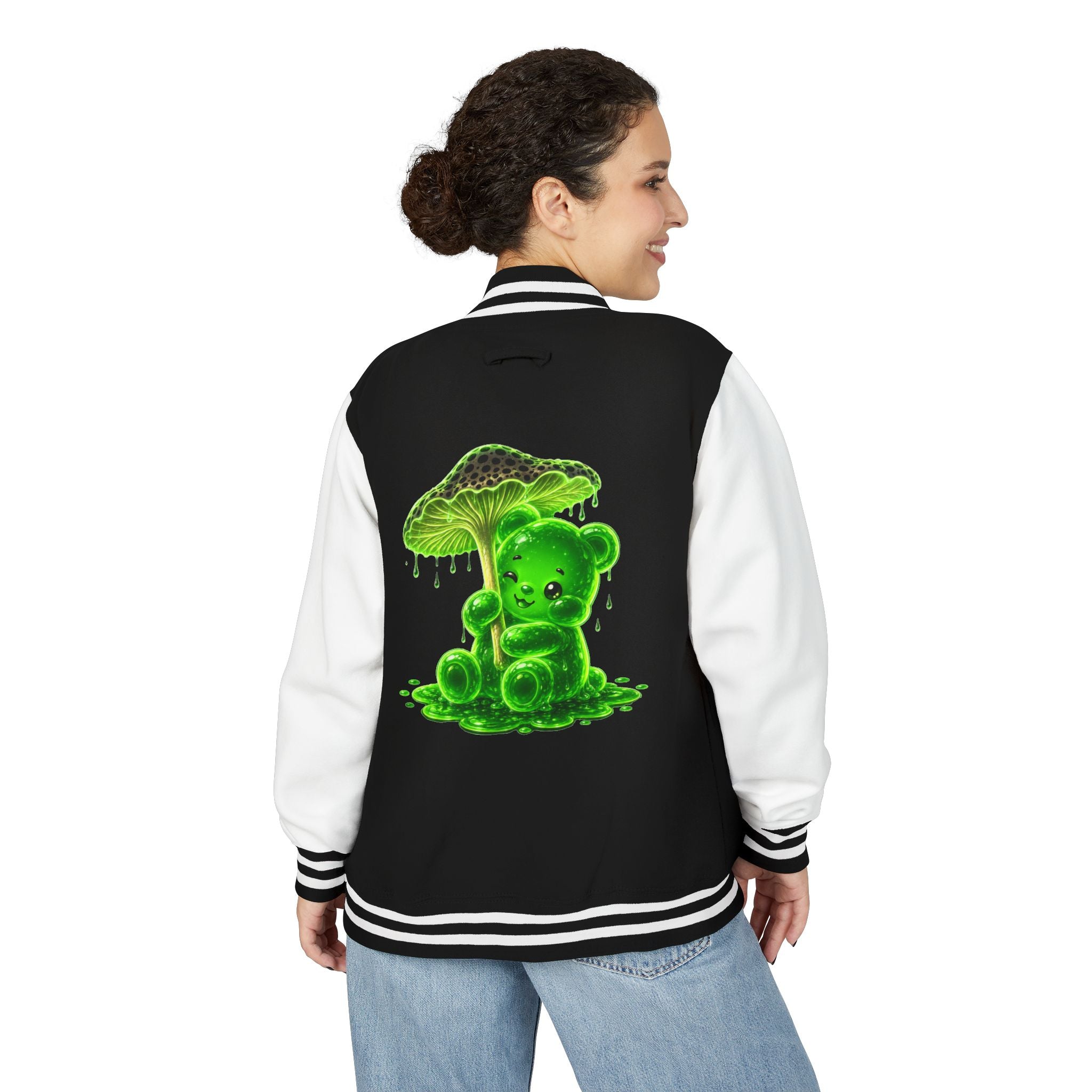 Glowing Green Mushroom, Gooey Gummy Bear Friend — Kawaii Graphic Varsity Jacket