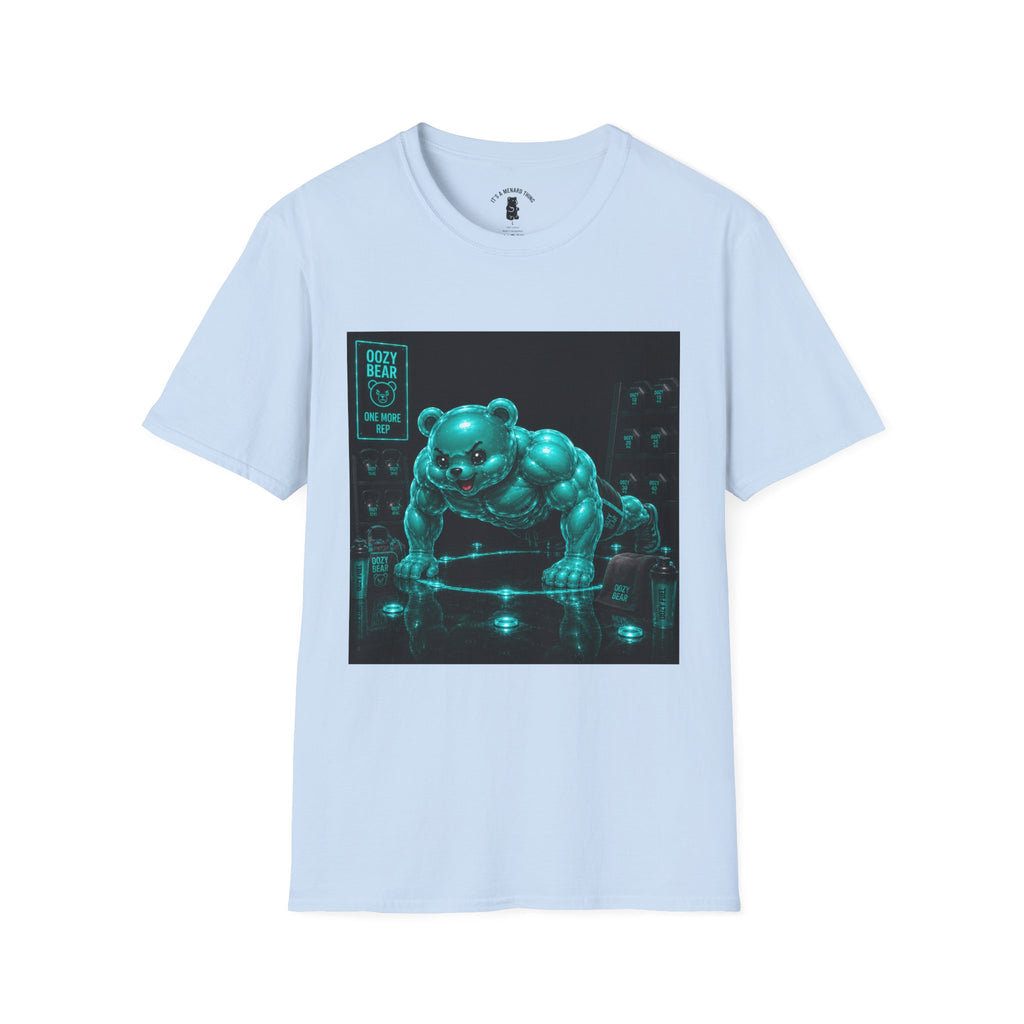 Neon Fitness Push Ups, Teal Oozy Buff Bear Gummy Gym Addition- Adult Graphic Shirt