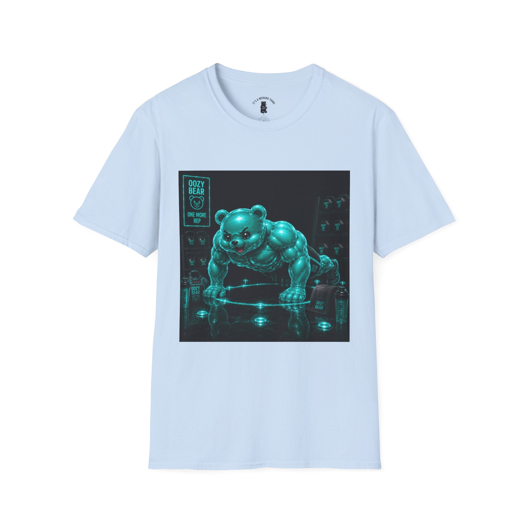 Neon Fitness Push Ups, Teal Oozy Buff Bear Gummy Gym Addition- Adult Graphic Shirt