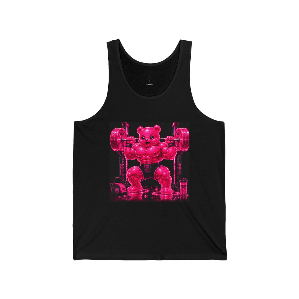 Working Out with Heavy Barbell, Pink Oozy Buff Bear Gummy Gym Addition- Adult Graphic Tank Top