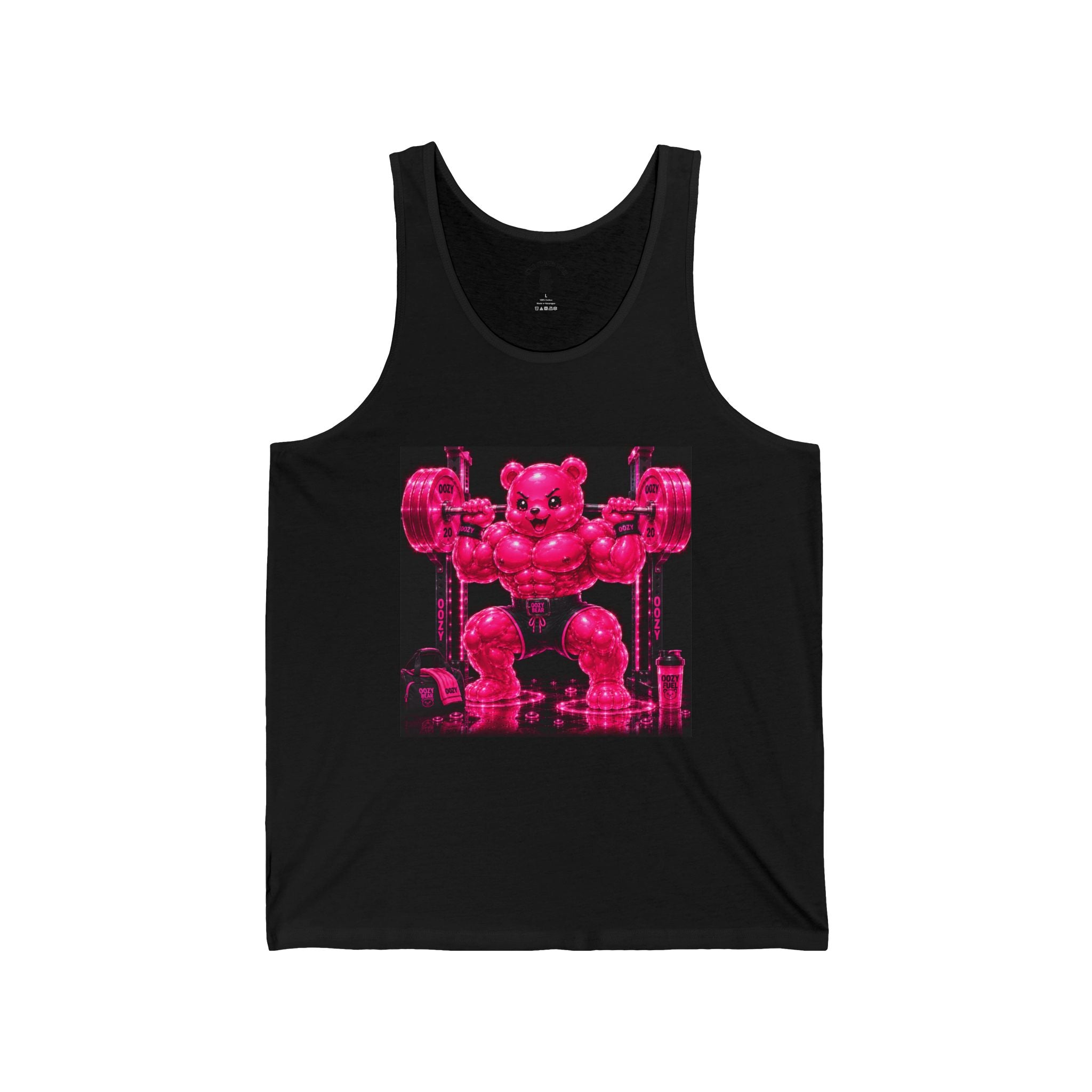 Working Out with Heavy Barbell, Pink Oozy Buff Bear Gummy Gym Addition- Adult Graphic Tank Top