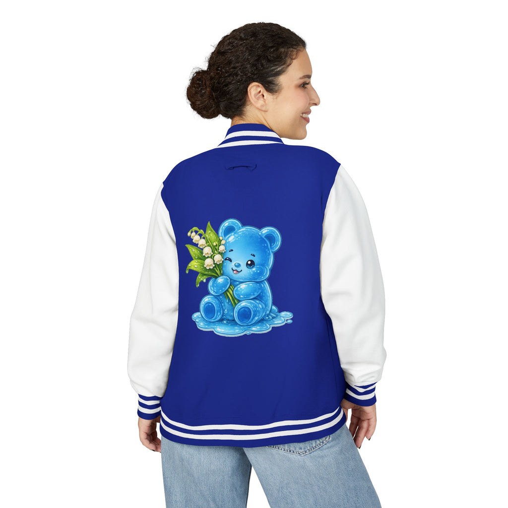 Lilies Of The Valley, Blue Gooey Gummy Bear- Kawaii Graphic Varsity Jacket