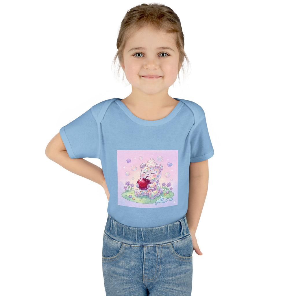 Gooey Gummy Birthday Sprinkles Cake bear eating a Cherry- Infant Onesie