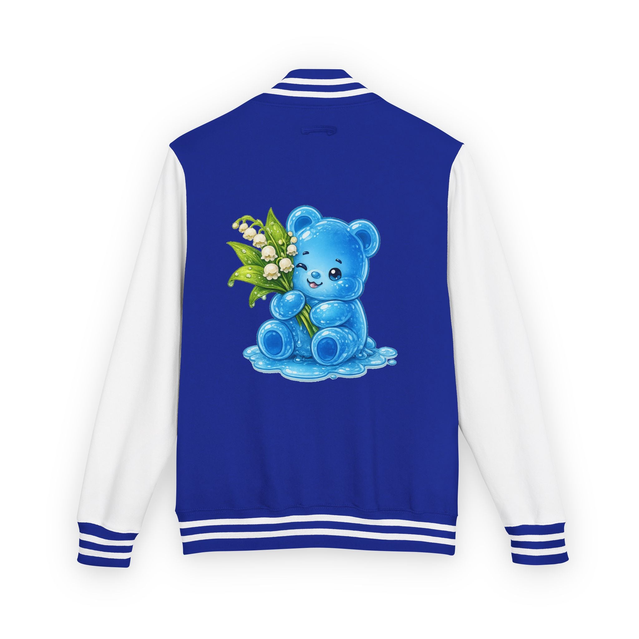 Lilies Of The Valley, Blue Gooey Gummy Bear- Kawaii Graphic Varsity Jacket