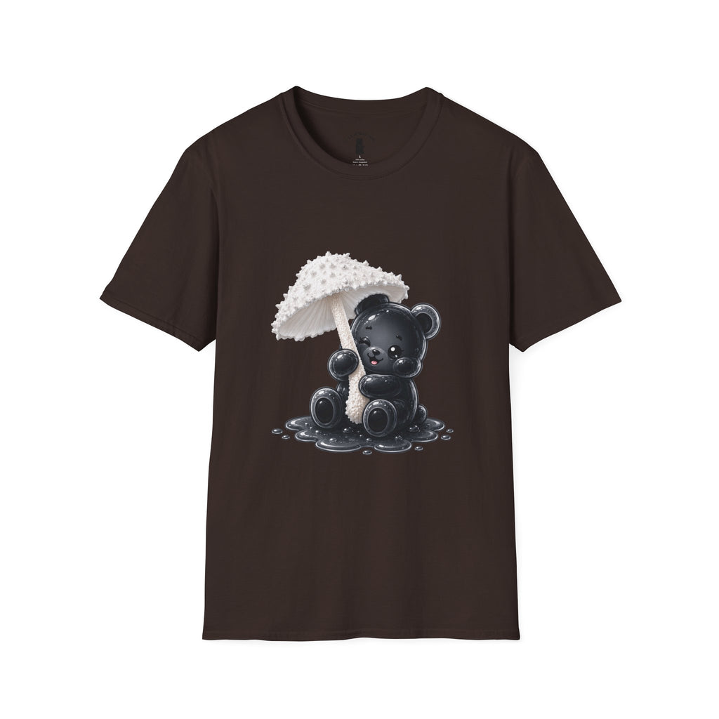 Beautiful Veiled White Mushroom, Black Oozy Bear Gummy Friend- Graphic Shirt