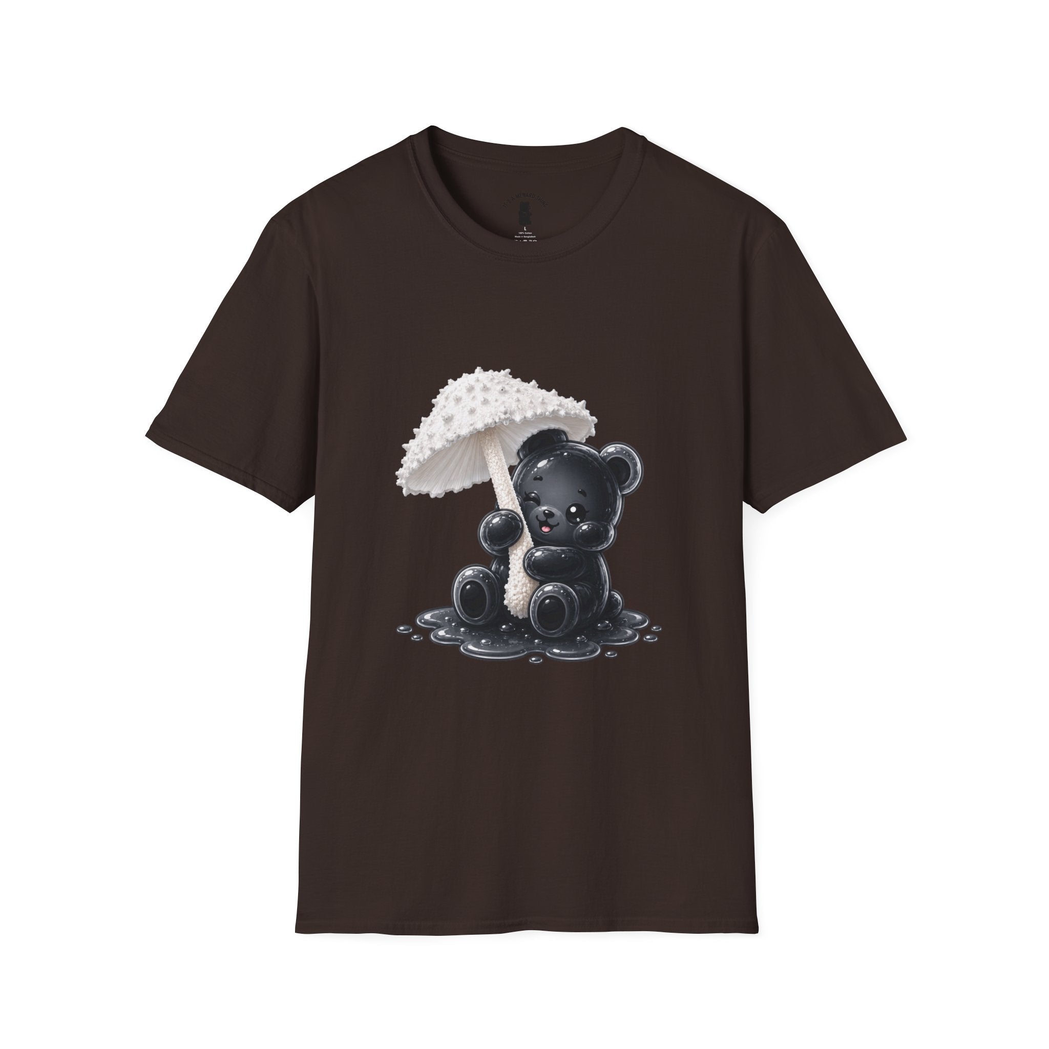 Beautiful Veiled White Mushroom, Black Oozy Bear Gummy Friend- Graphic Shirt