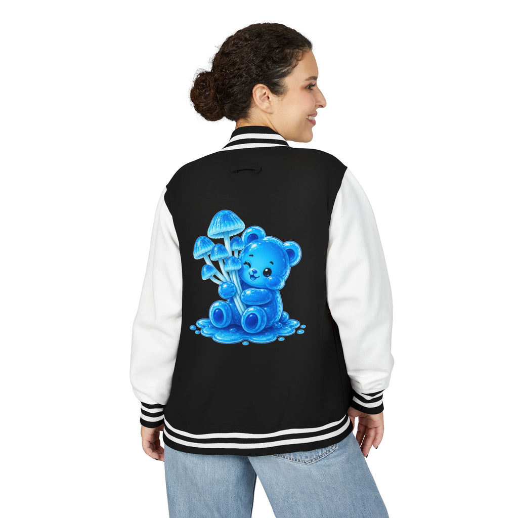 Pretty Blue Mushrooms, Gooey Gummy Bear Friend — Kawaii Graphic Varsity Jacket