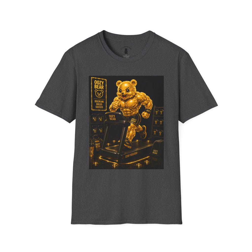 Running The Treadmill, Golden Yellow Oozy Buff Bear Workout- Adult Graphic Shirt