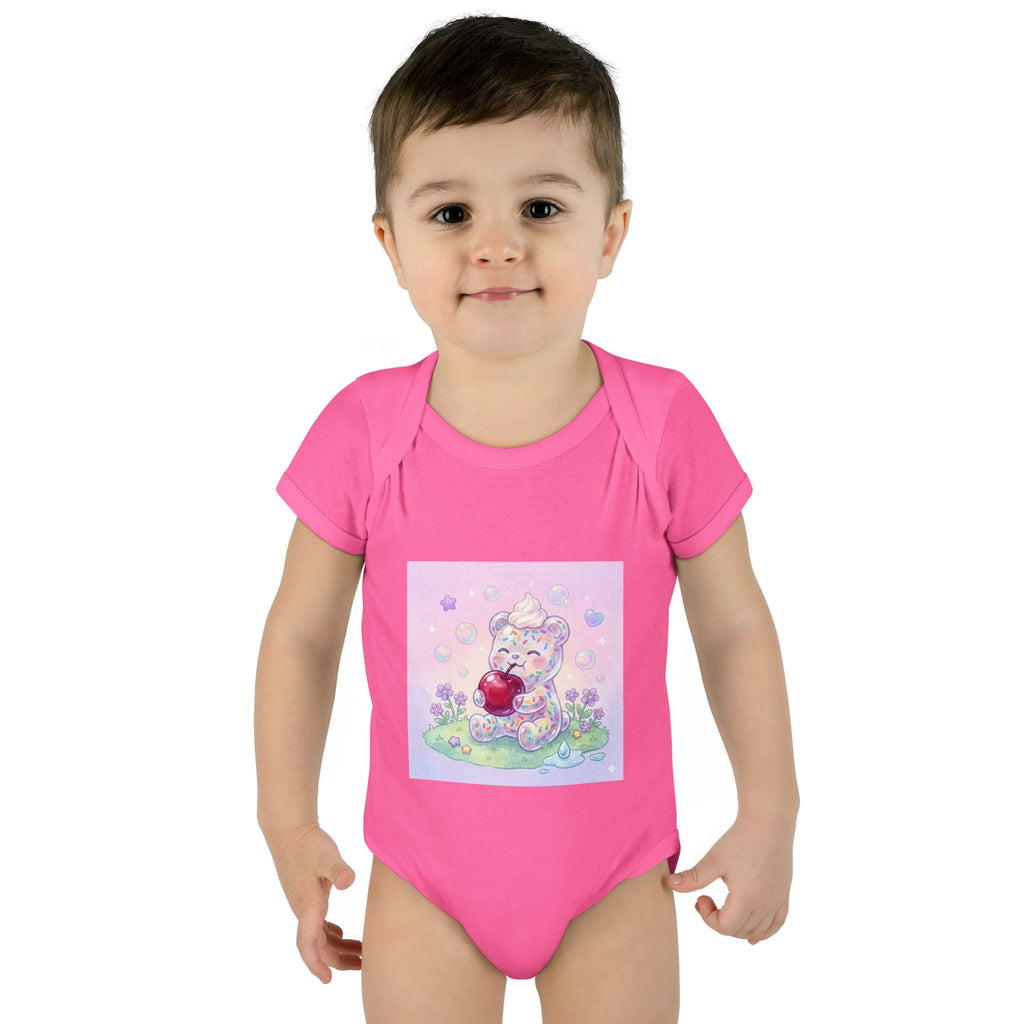 Gooey Gummy Birthday Sprinkles Cake bear eating a Cherry- Infant Onesie
