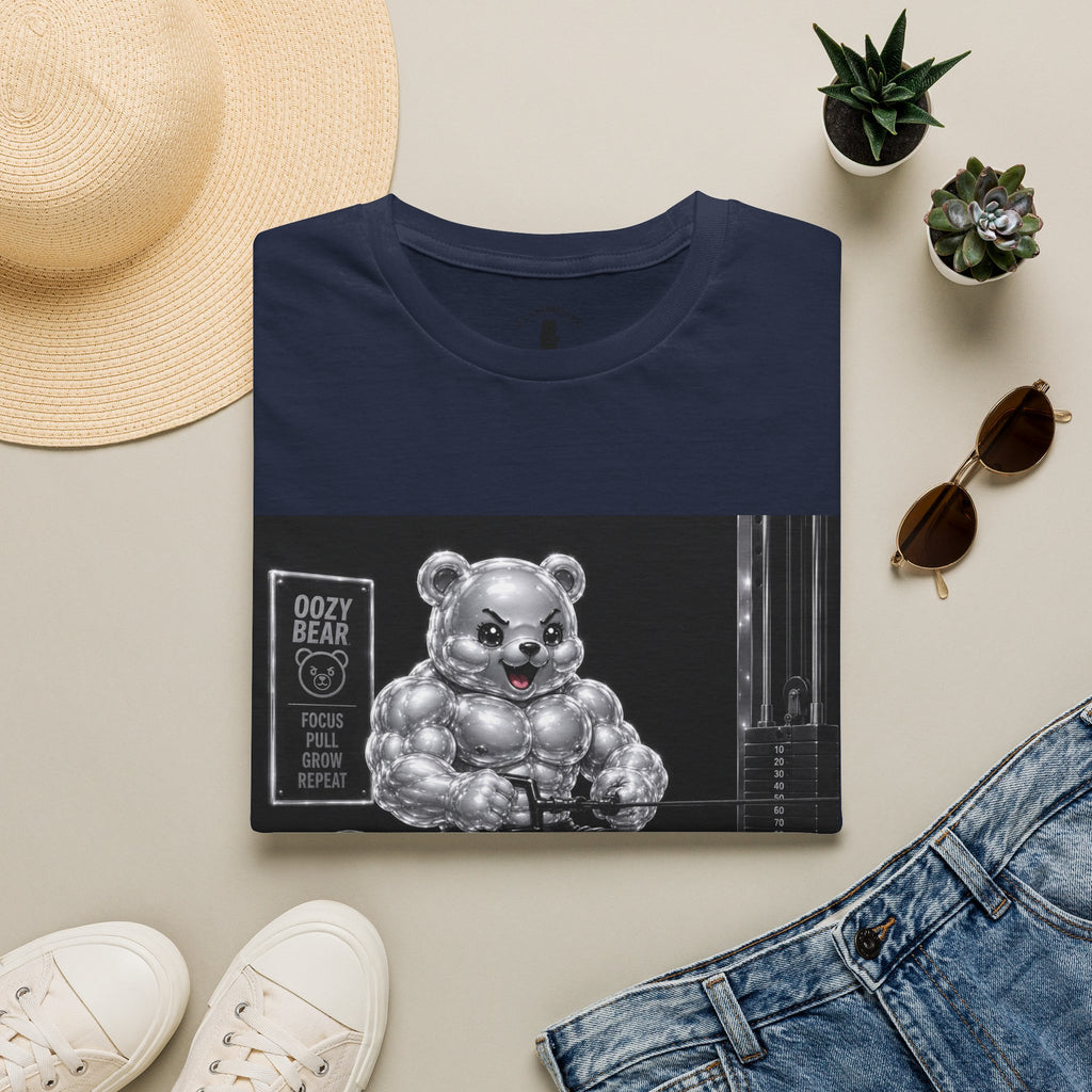 Working on the Bench, Silver Oozy Buff Bear Gummy Gym Addition- Adult Graphic Shirt
