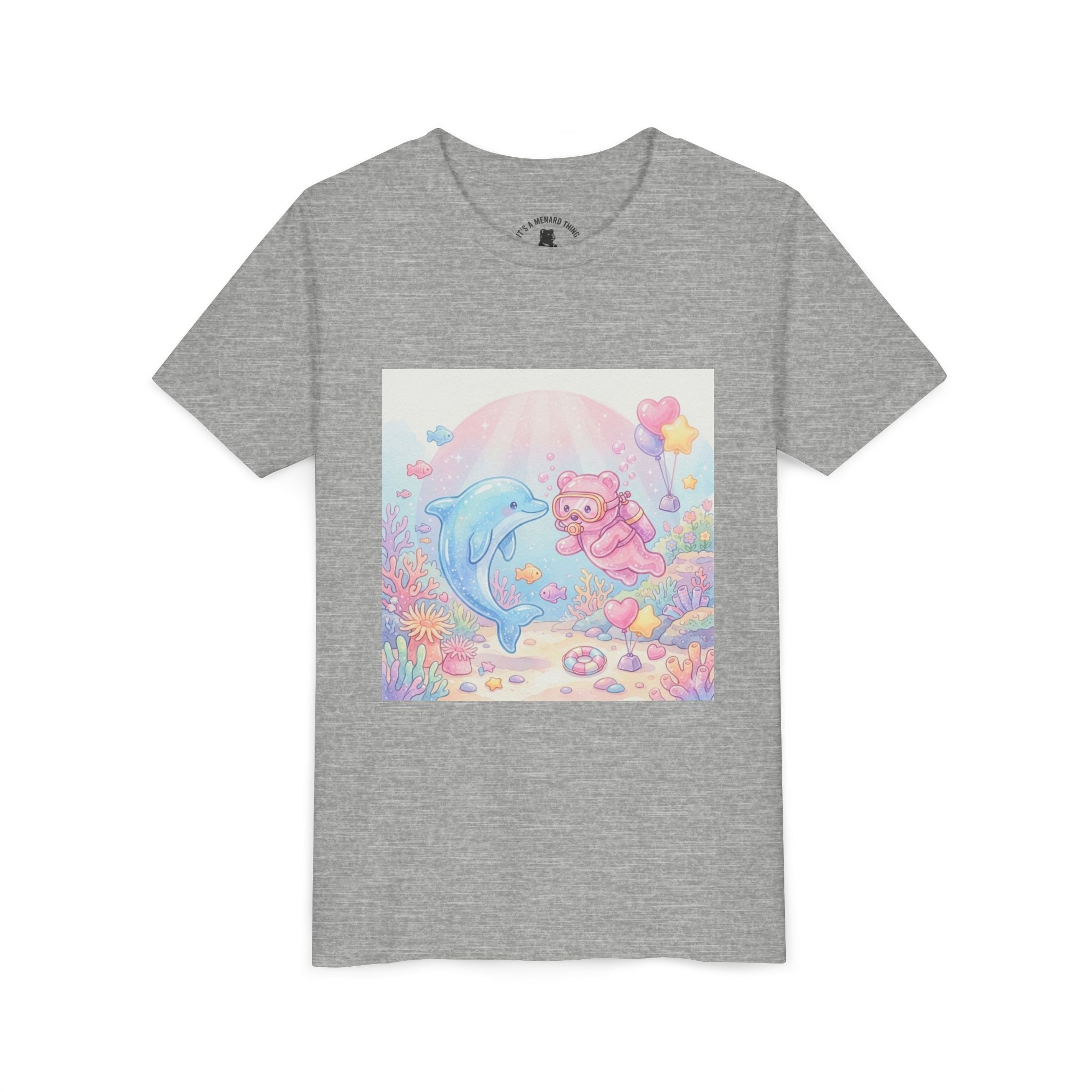 Dolphin & Pink Gooey Gummy Bear Underwater Tee — Pastel Ocean Animal Graphic Shirt