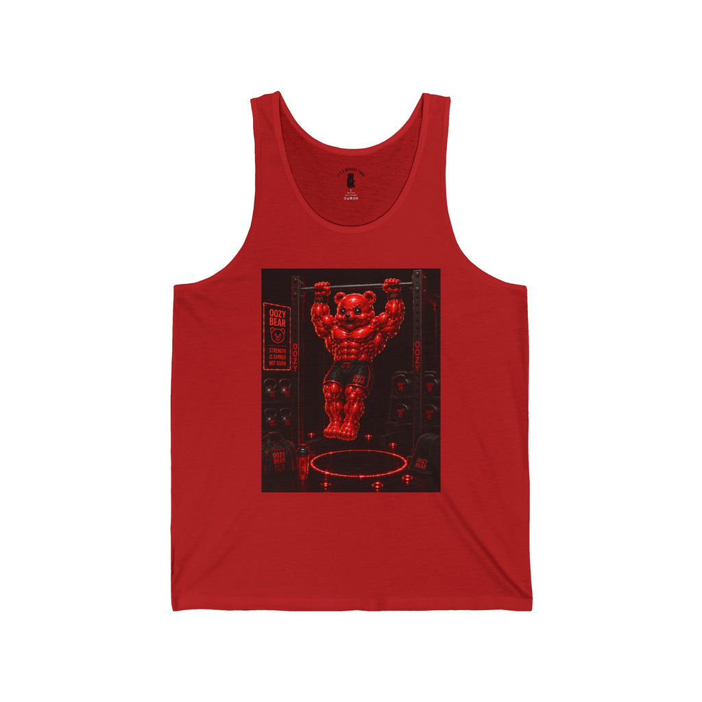 Bar lifting Workout, Crimson Oozy Buff Bear Gummy Gym Addition- Adult Graphic Tank Top