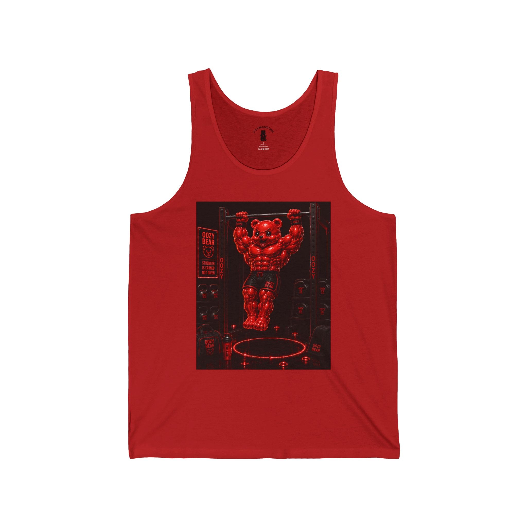Bar lifting Workout, Crimson Oozy Buff Bear Gummy Gym Addition- Adult Graphic Tank Top