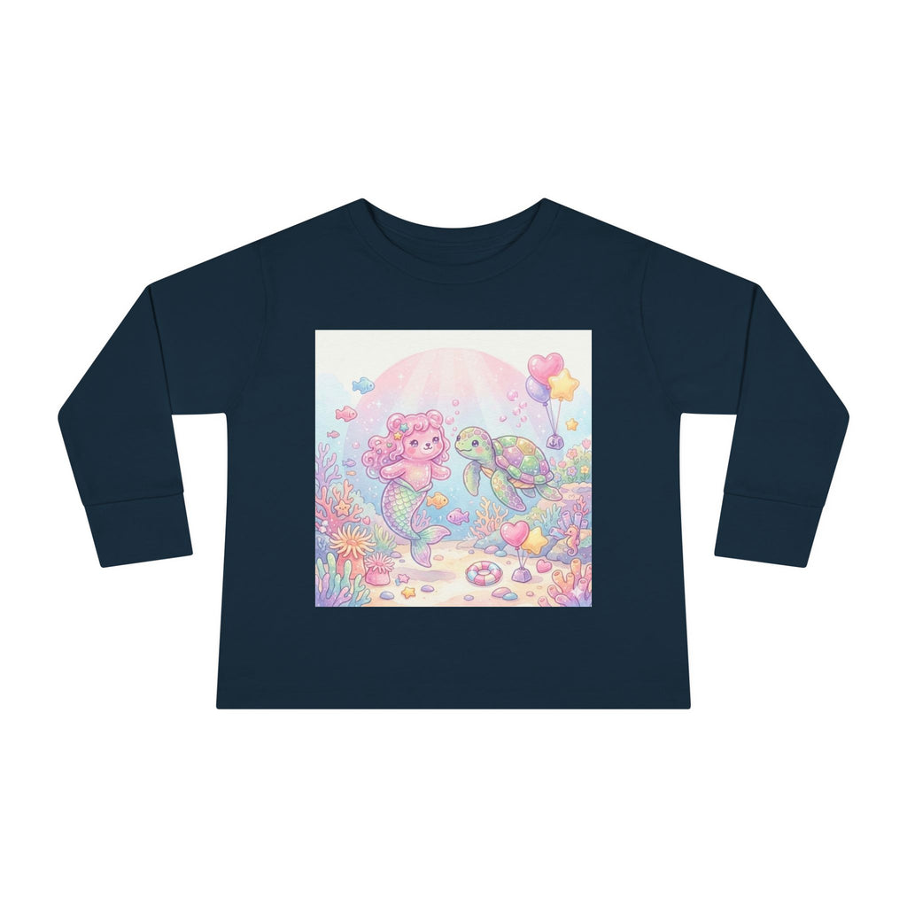 Pastel Oozy Bear Mermaid & Sea Turtle Cute Friends- Graphic Long Sleeve Shirt
