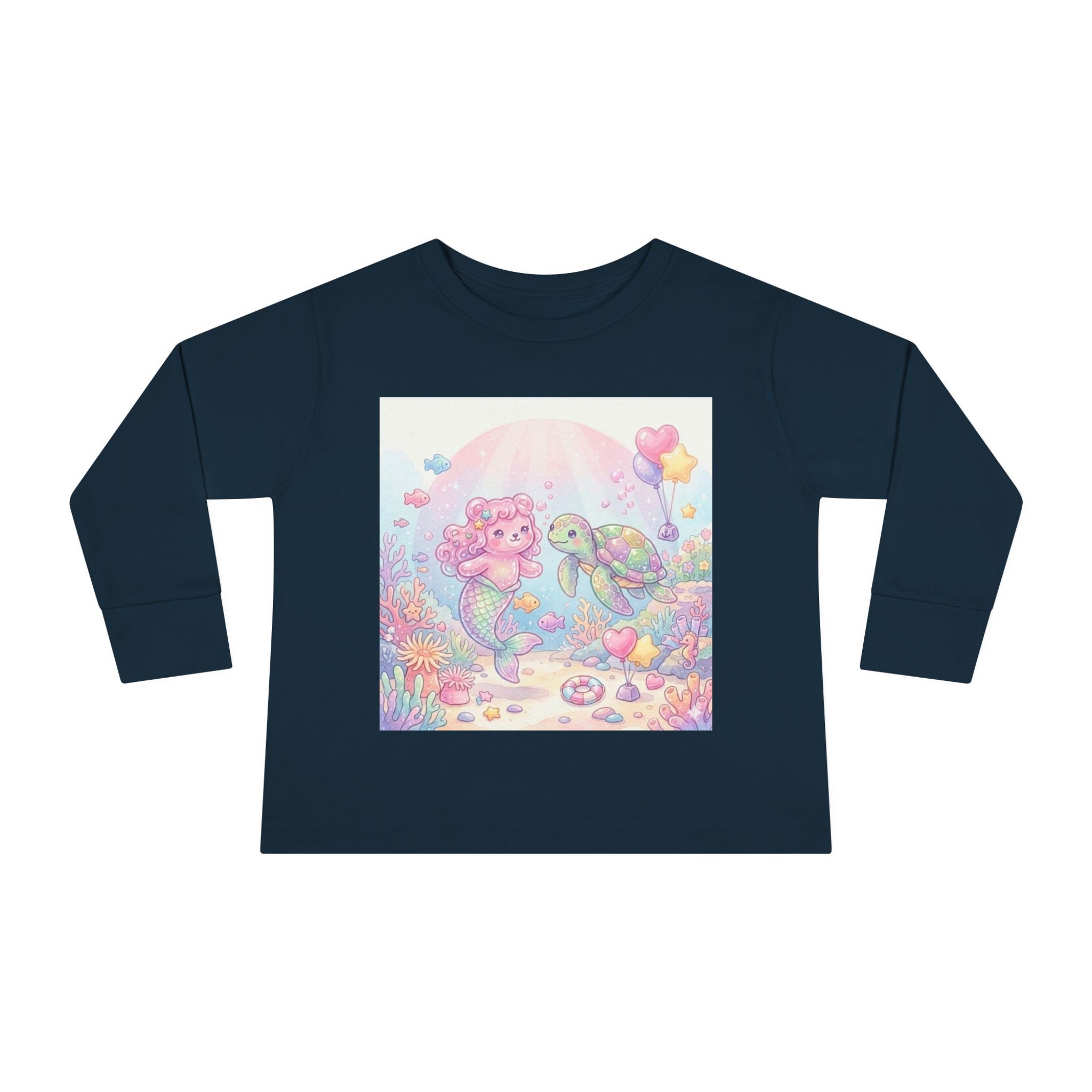 Pastel Oozy Bear Mermaid & Sea Turtle Cute Friends- Graphic Long Sleeve Shirt