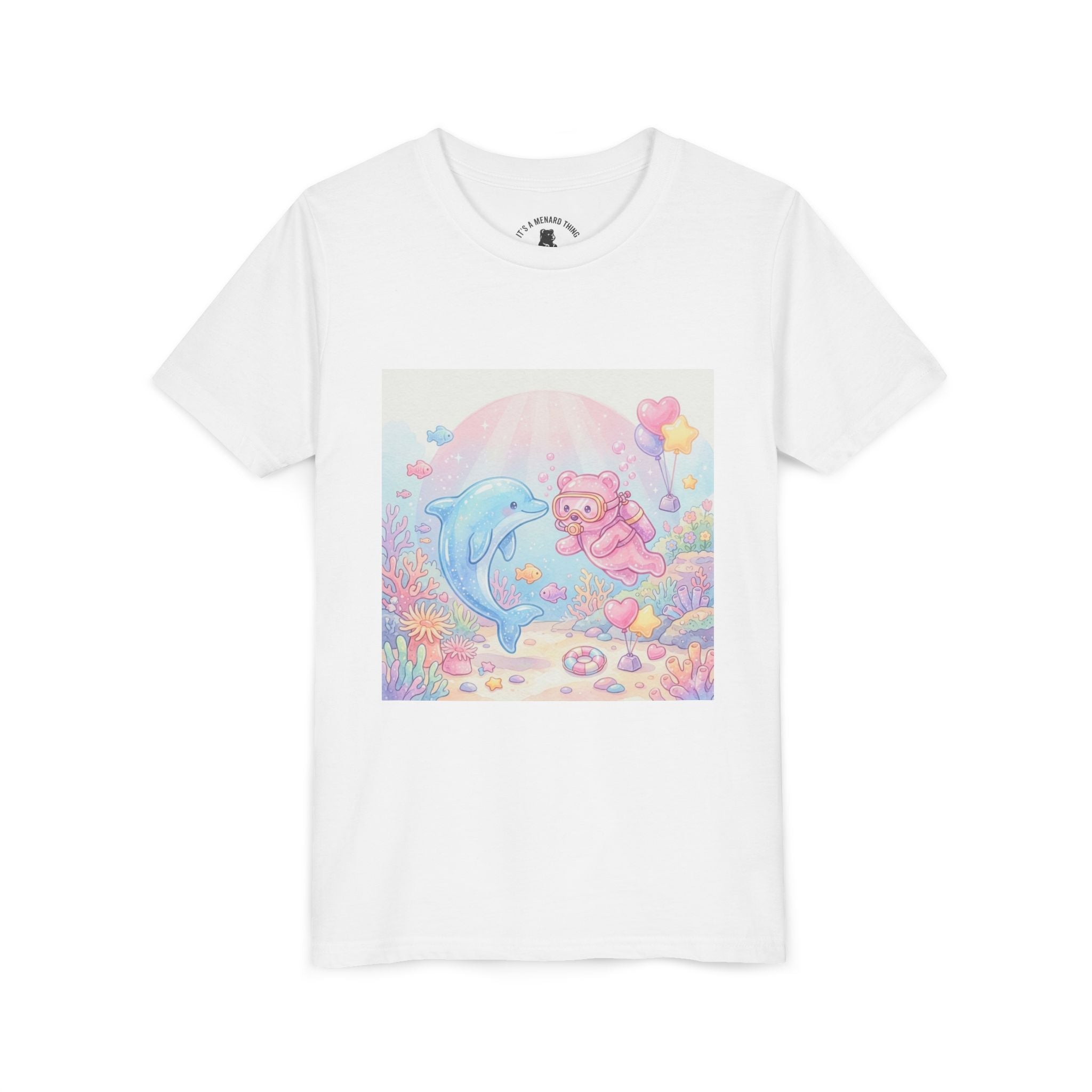 Dolphin & Pink Gooey Gummy Bear Underwater Tee — Pastel Ocean Animal Graphic Shirt