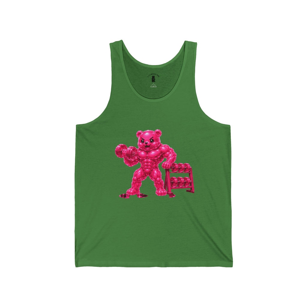 Fitness Work Out, Neon Pink Oozy Buff Bear Gummy Gym Addition- Adult Graphic Tank Top