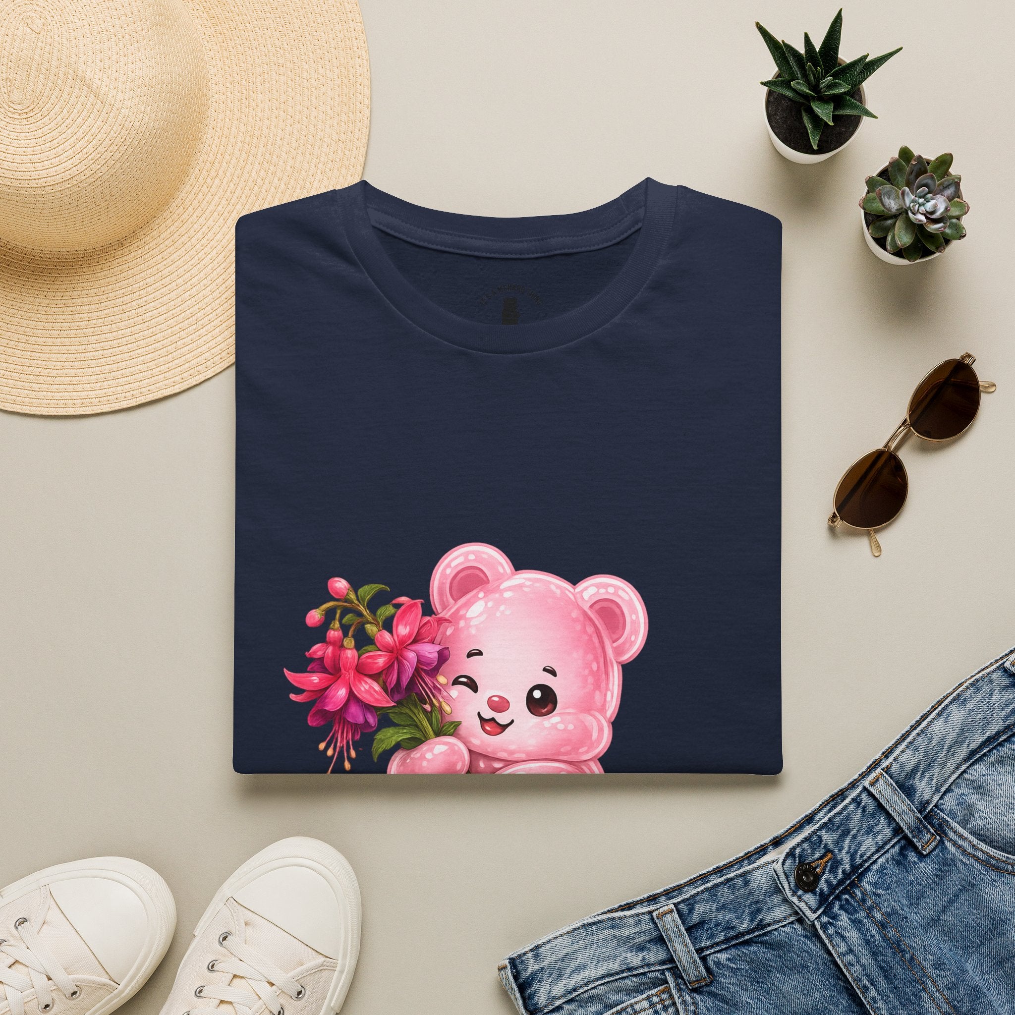 Tropical Pink Flowers, Pretty Pale Oozy Bear Friend- Graphic Shirt