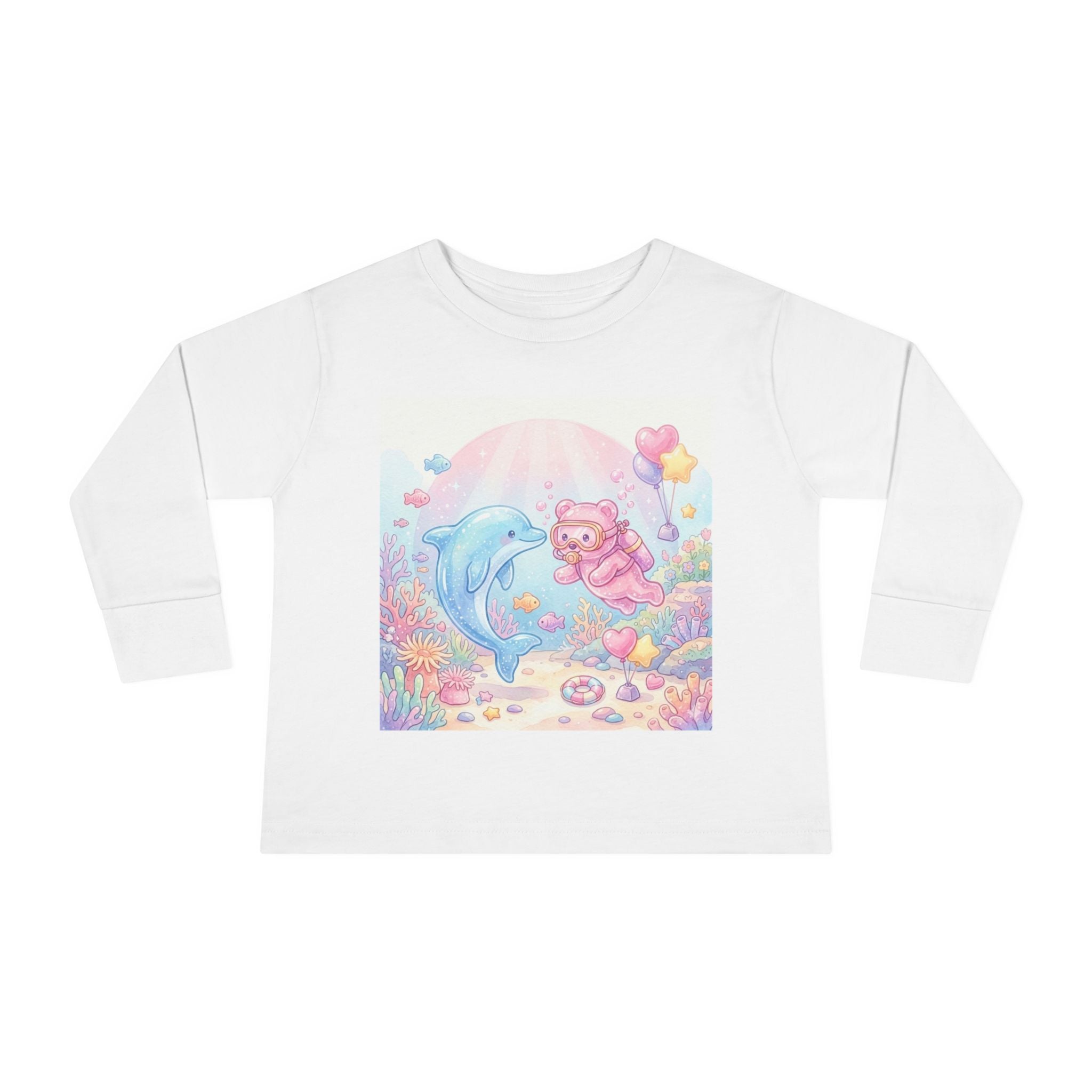 Cute Dolphin & Scuba Oozy Bear Pastel Underwater Friends- Graphic Long Sleeve Shirt