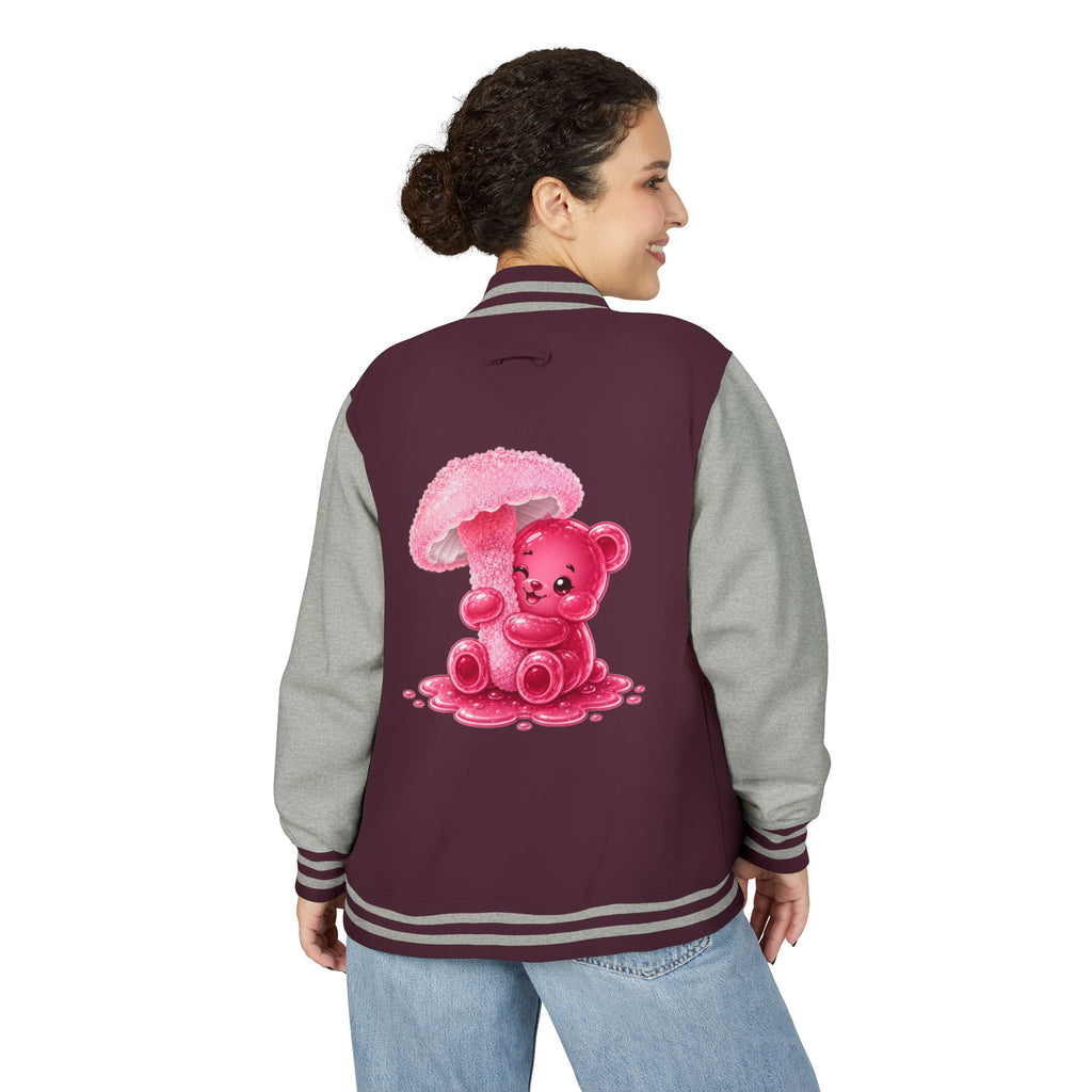 Pretty Pink Mushroom, Gooey Gummy Bear Friend —  Kawaii Graphic Varsity Jacket