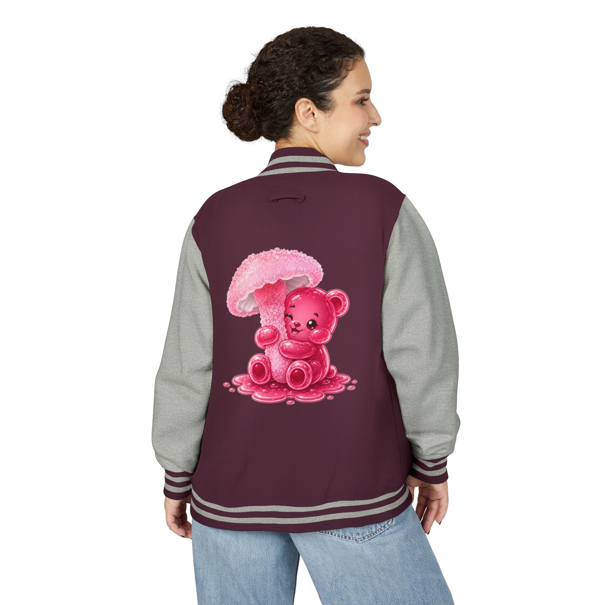 Pretty Pink Mushroom, Gooey Gummy Bear Friend —  Kawaii Graphic Varsity Jacket