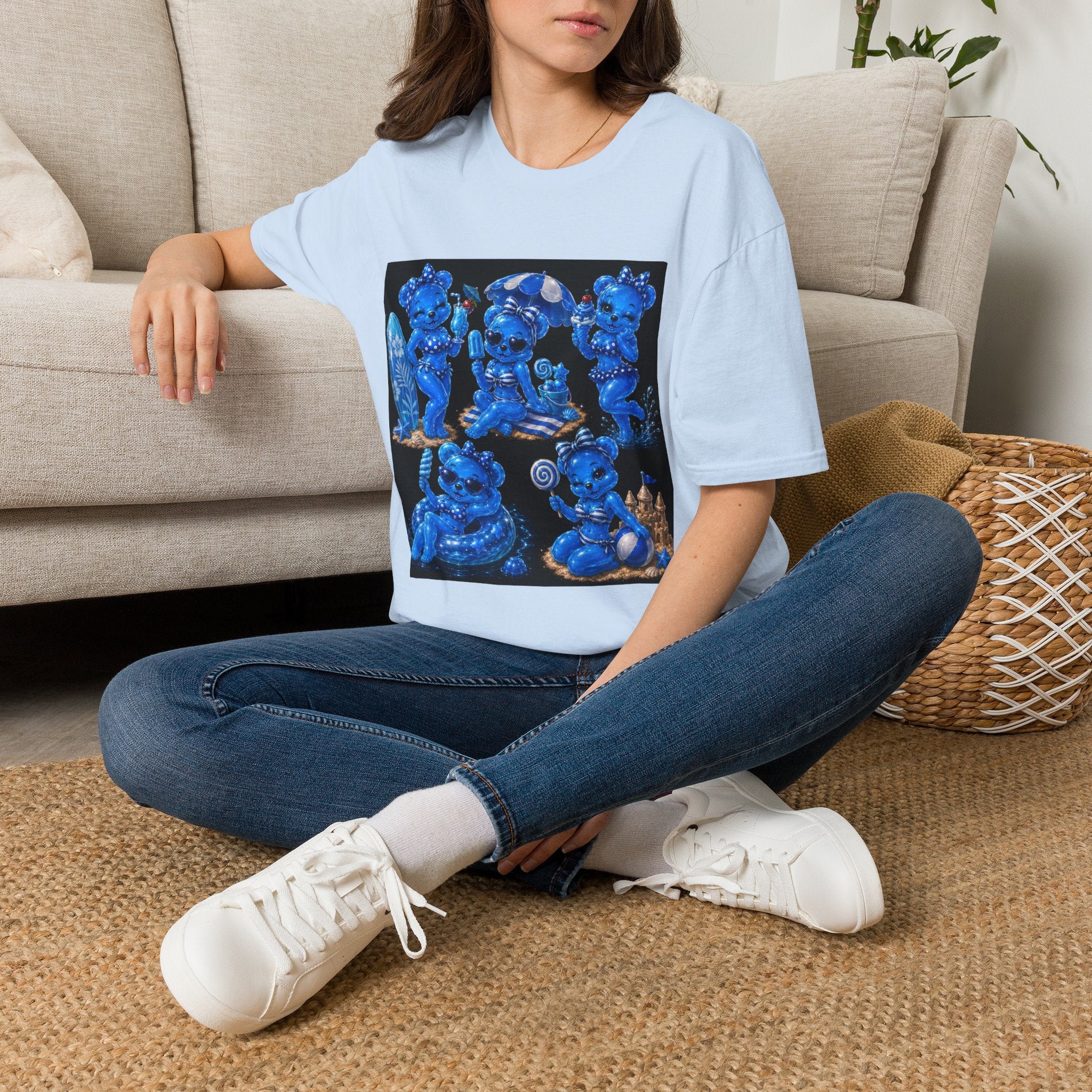 Retro Kawaii Blue Oozy Bear Pin Up Beach Babe- Adult Graphic Shirt (18+)